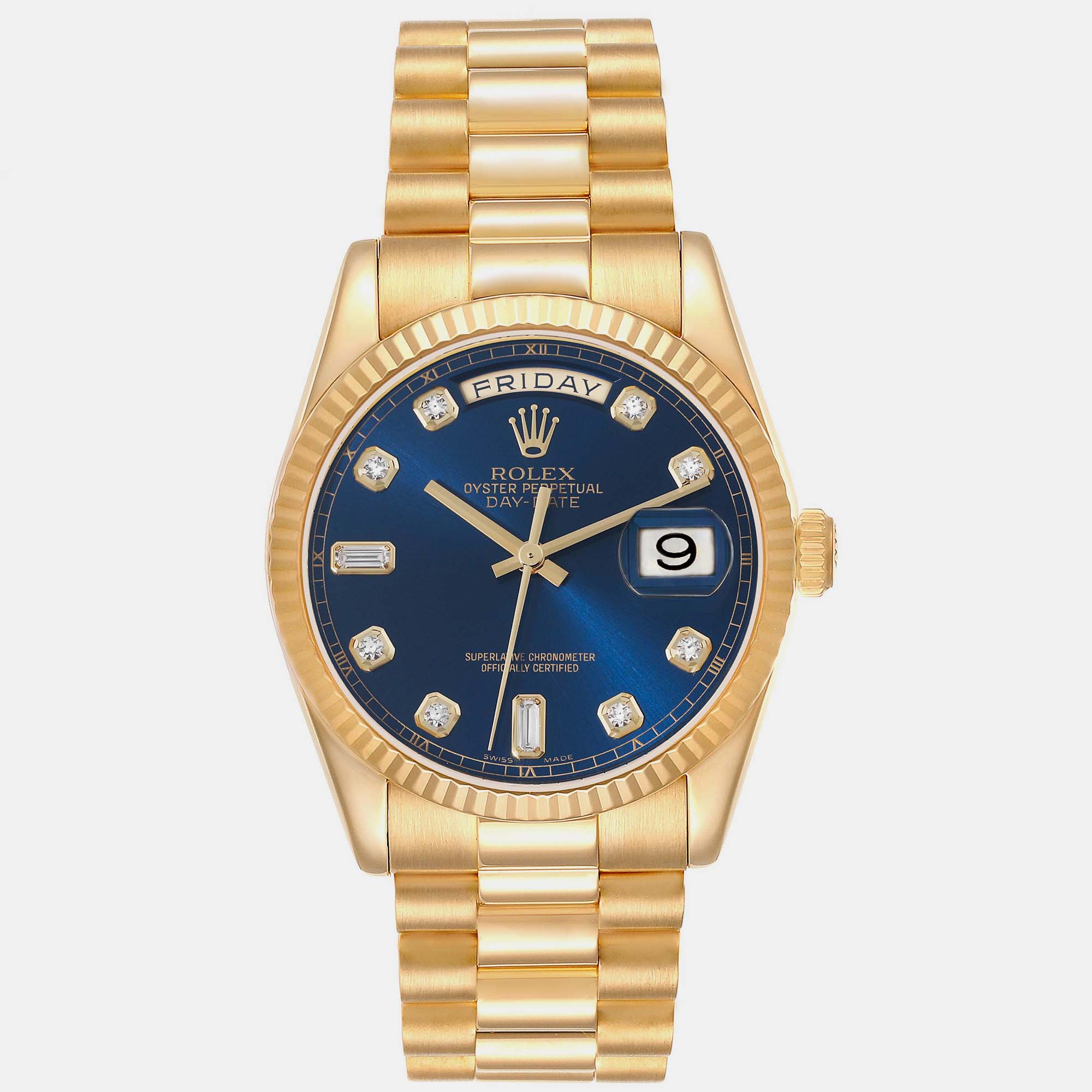 Rolex president day date yellow gold blue diamond dial men's watch 36 mm