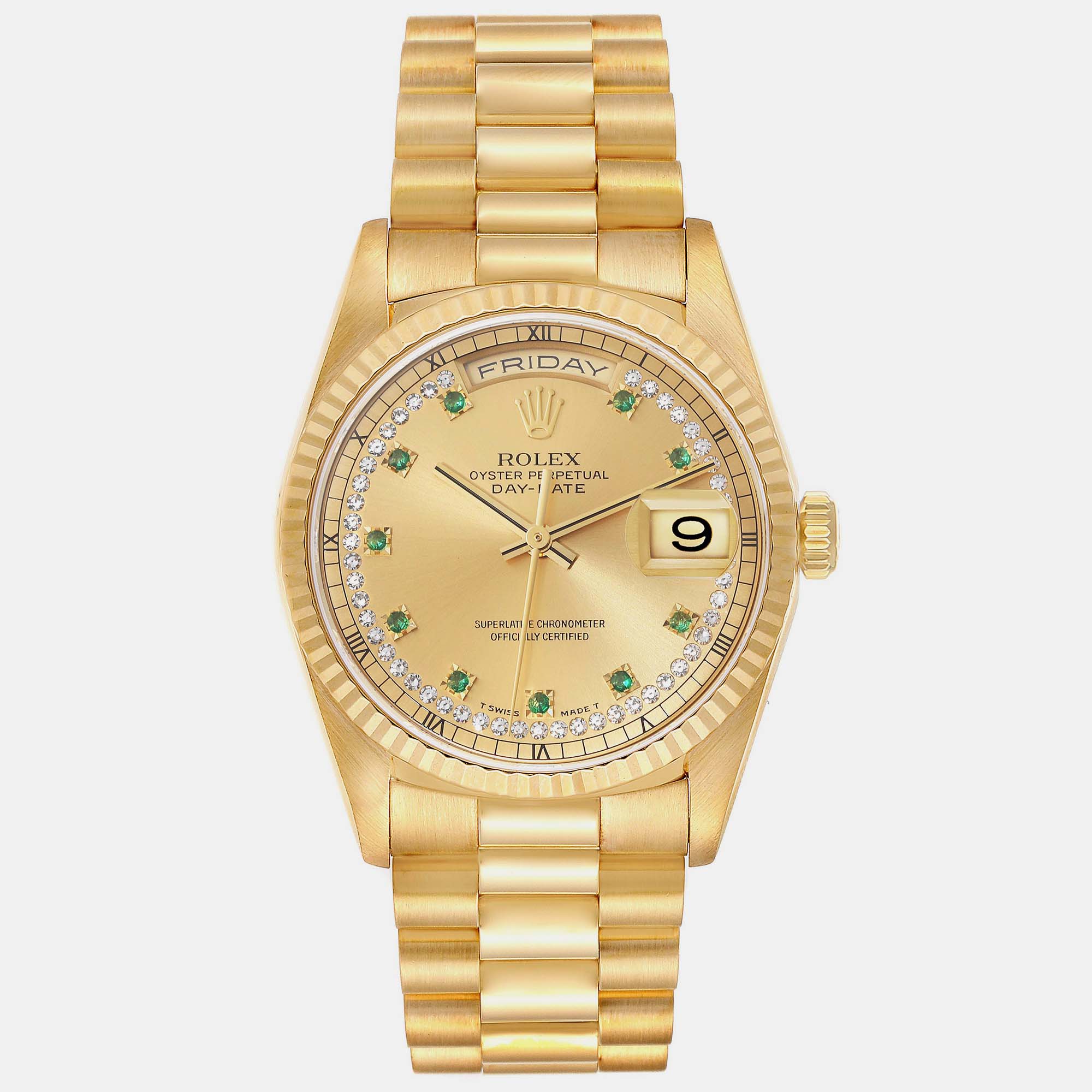 Rolex day-date president yellow gold string diamond emerald men's watch 36 mm