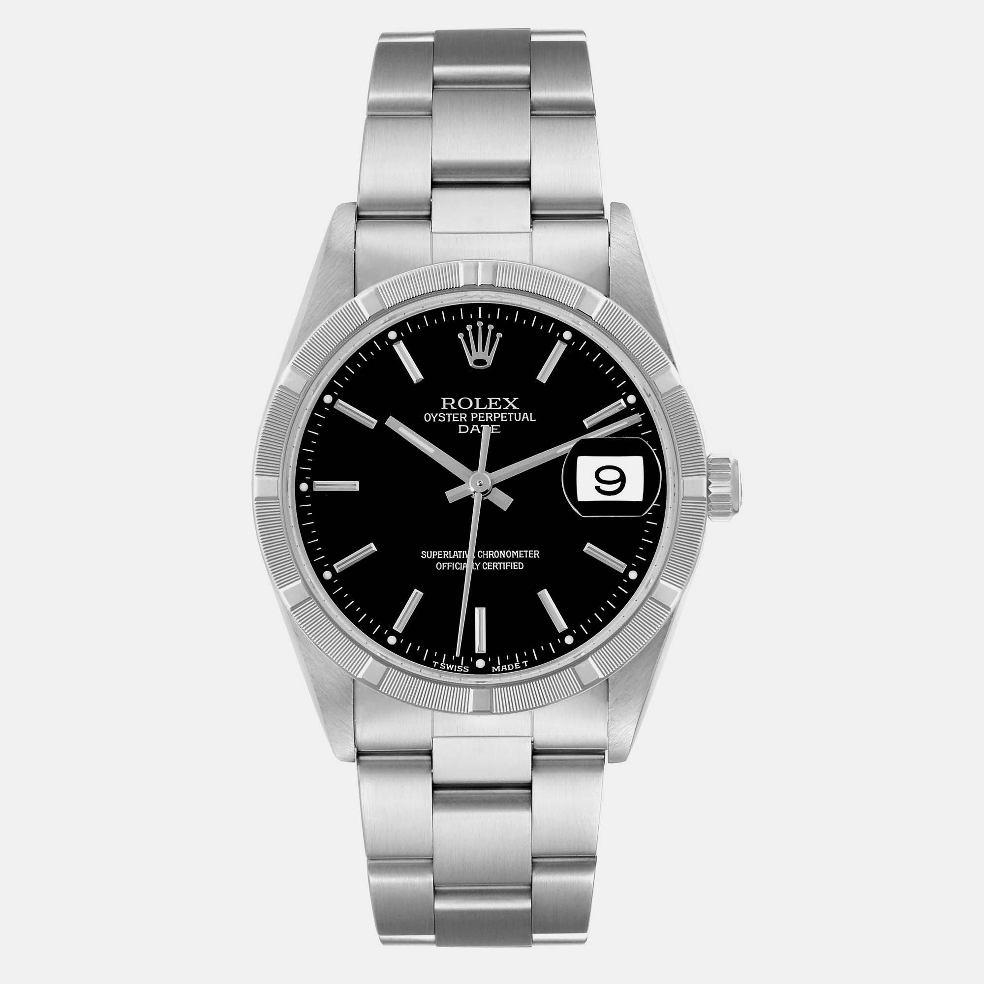Rolex date black dial engine turned bezel steel men's watch 34 mm