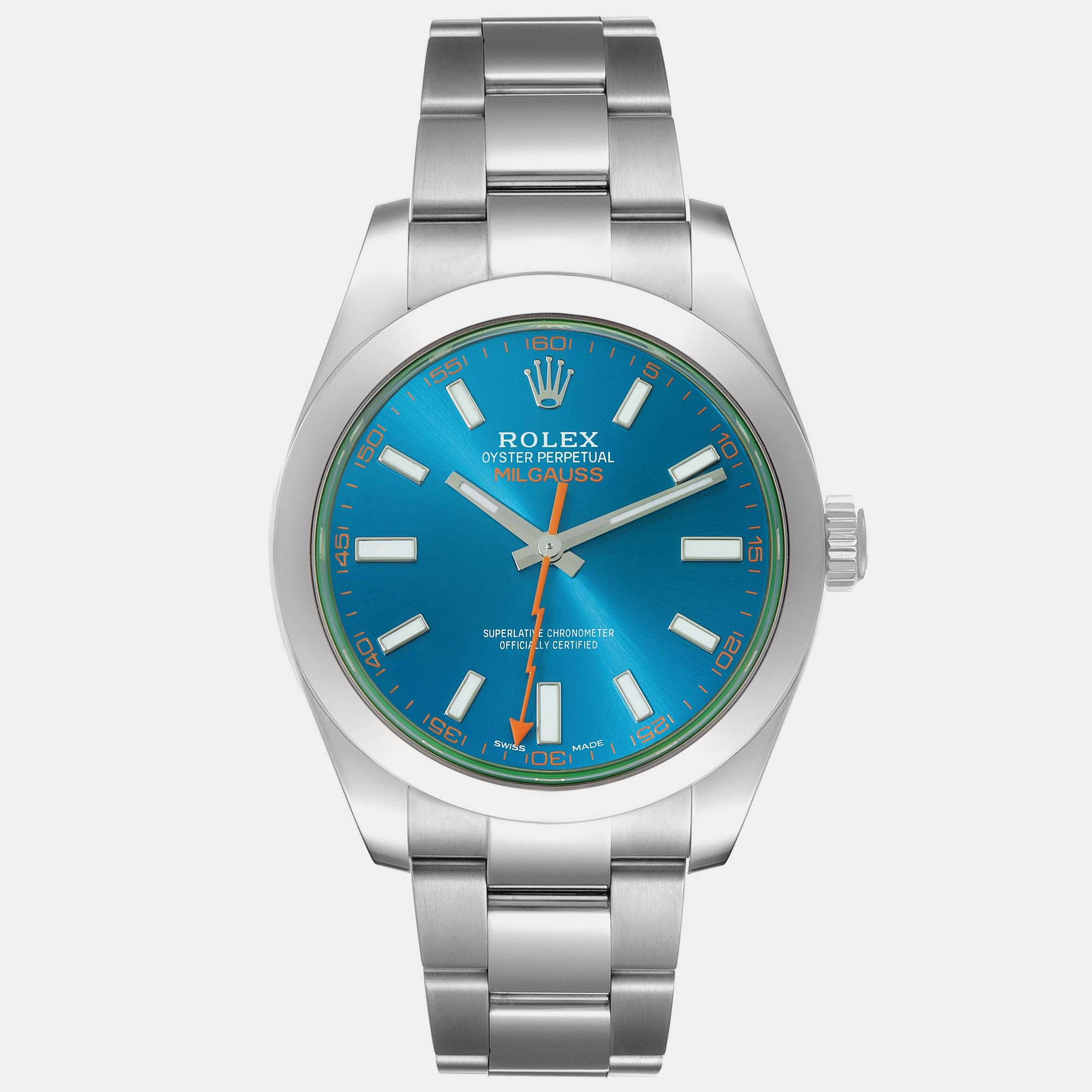 Rolex milgauss blue dial green crystal steel men's watch 40 mm
