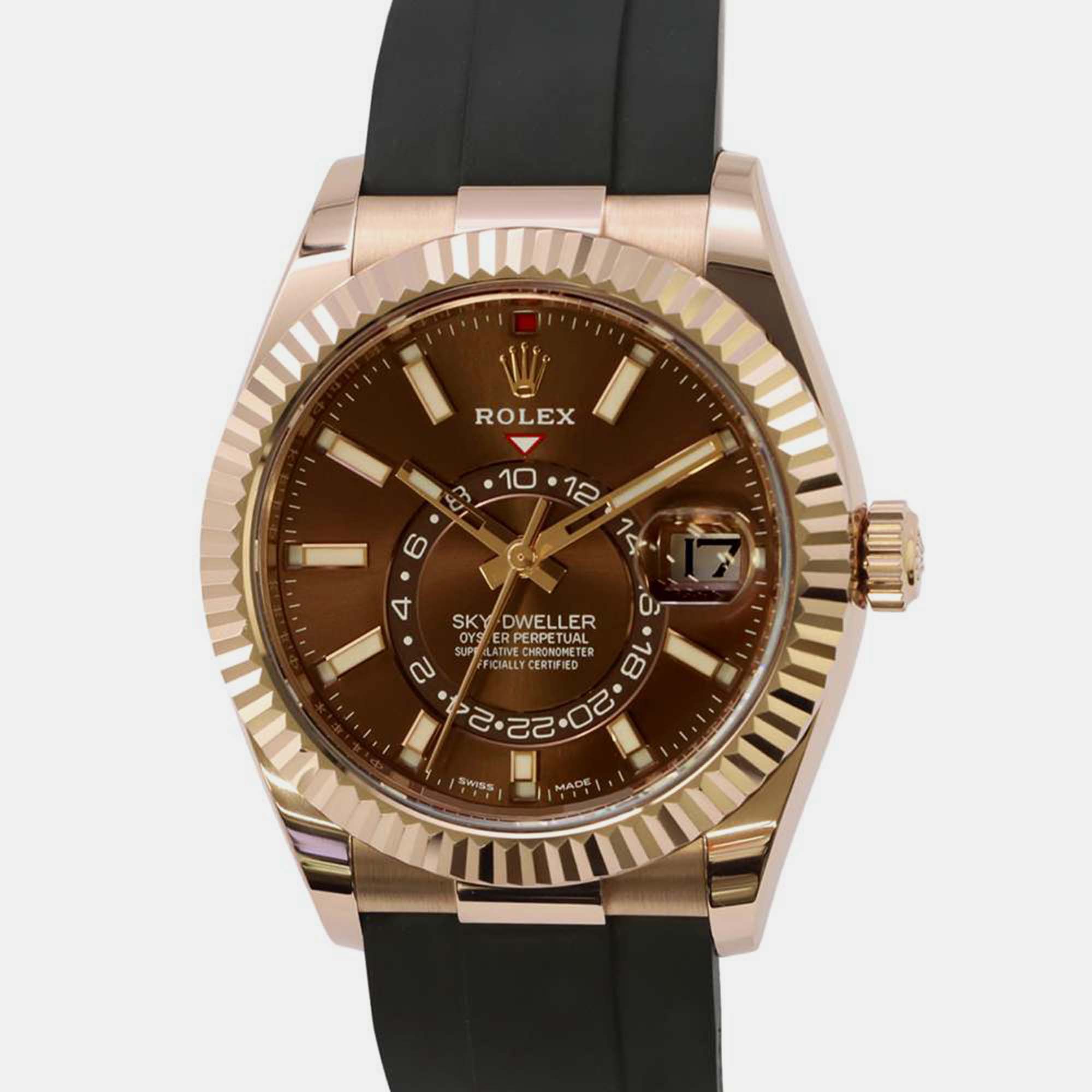 Rolex brown 18k rose gold sky-dweller automatic men's wristwatch 42 mm