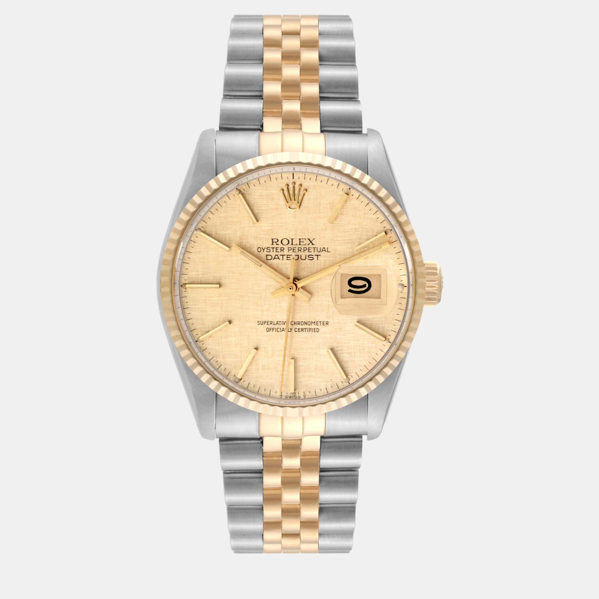Rolex datejust steel yellow gold champagne linen dial vintage men's watch 36 mm