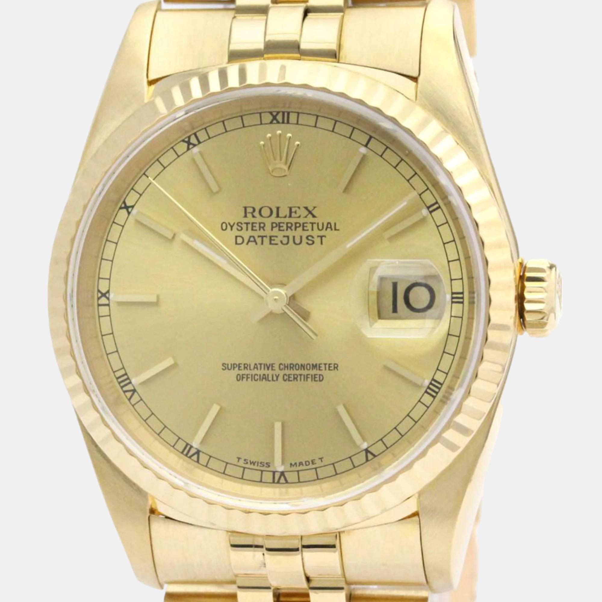 Rolex champagne 18k yellow gold datejust 16238 automatic men's wristwatch 36 mm