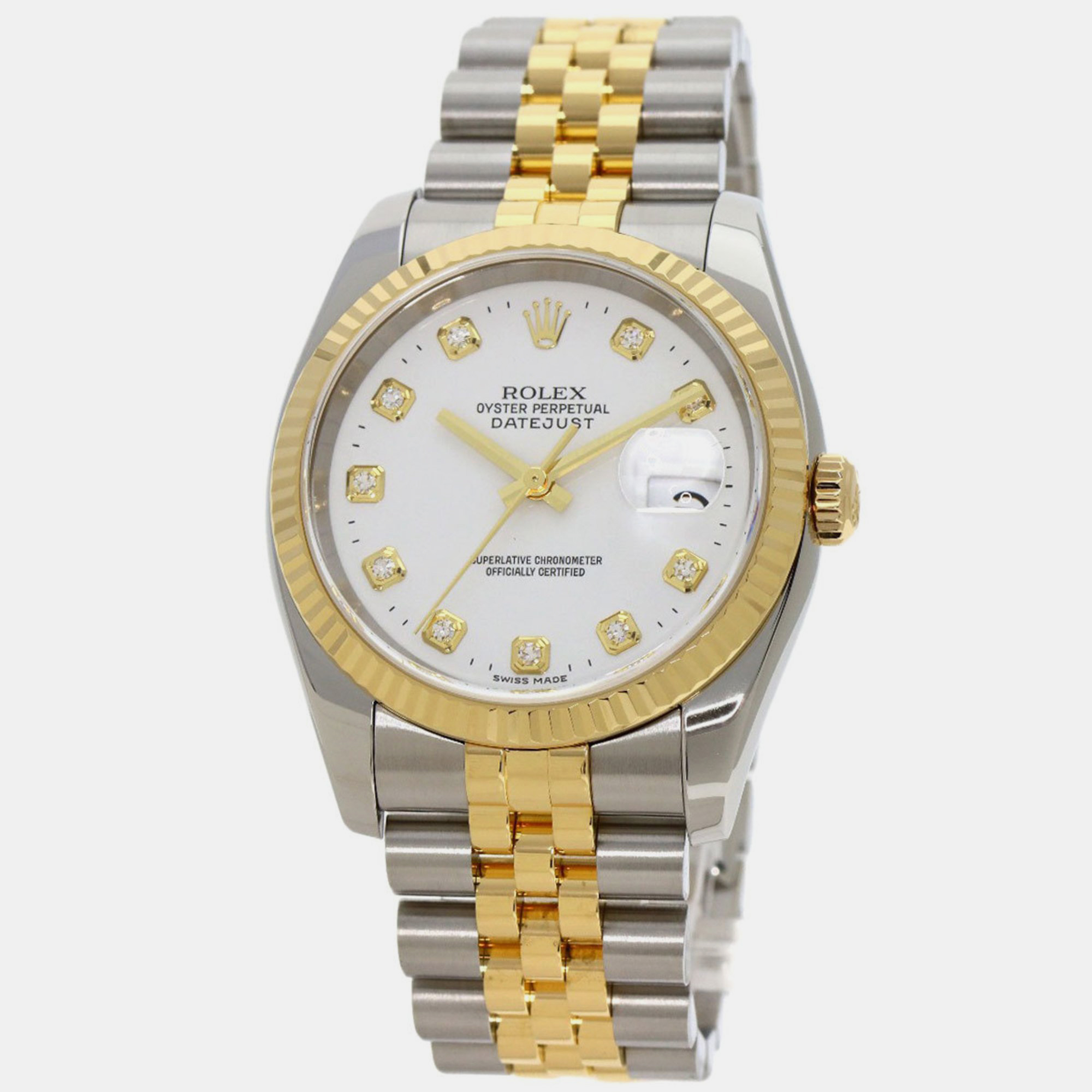 Rolex white 18k yellow gold stainless steel diamond 116233 datejust automatic men's wristwatch 36 mm