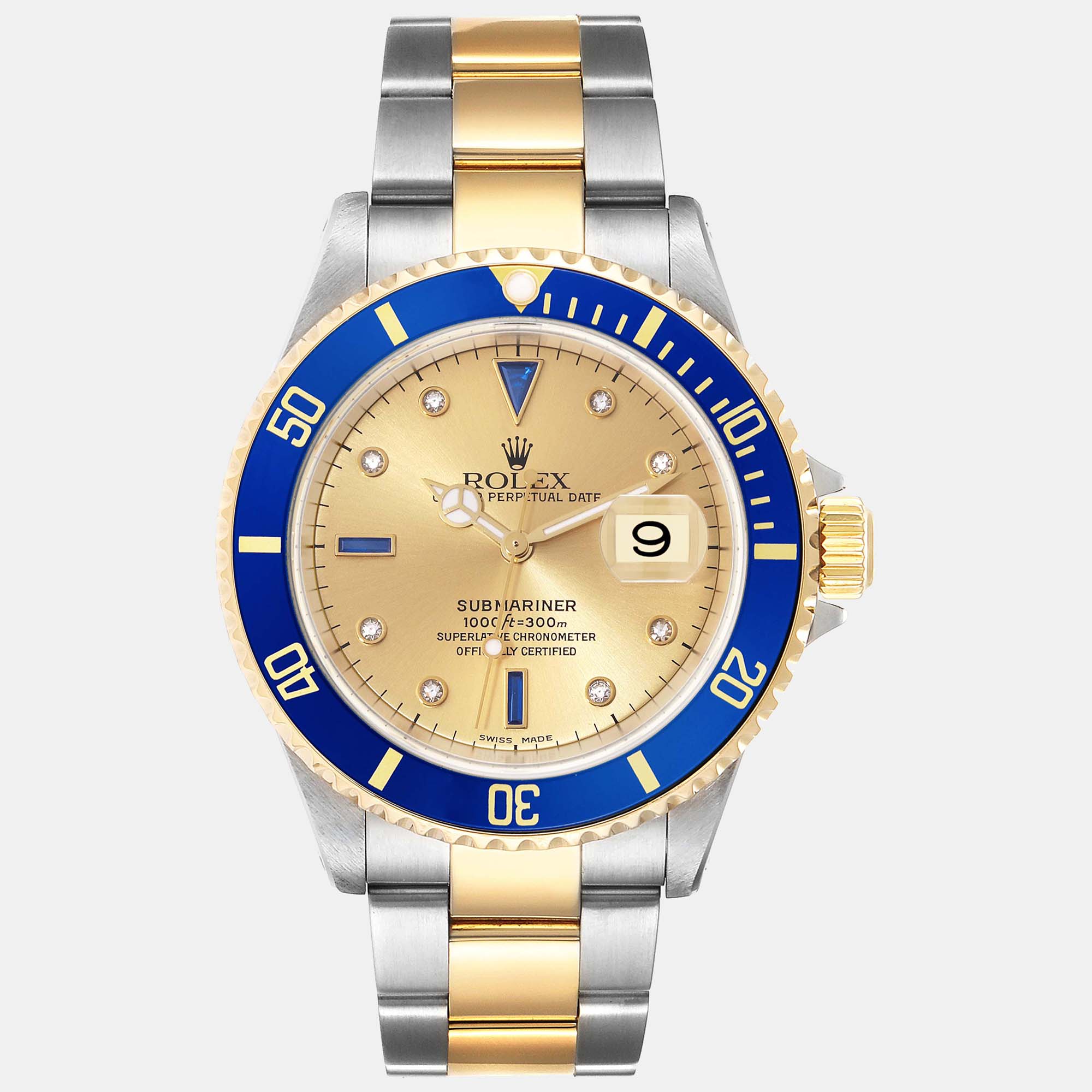 Rolex submariner steel yellow gold diamond sapphire serti dial men's watch 40 mm