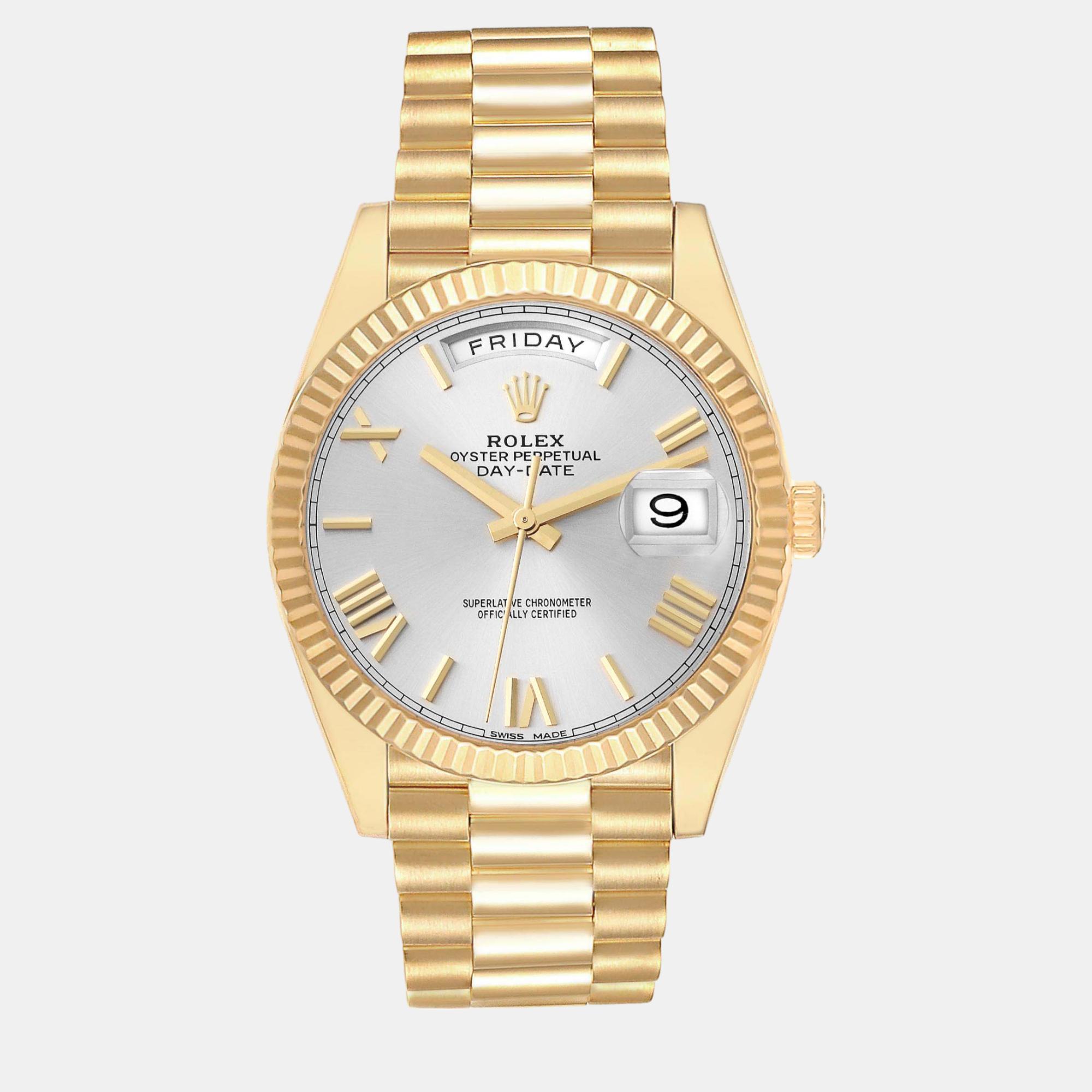 Rolex president day date yellow gold silver dial men's watch 40 mm