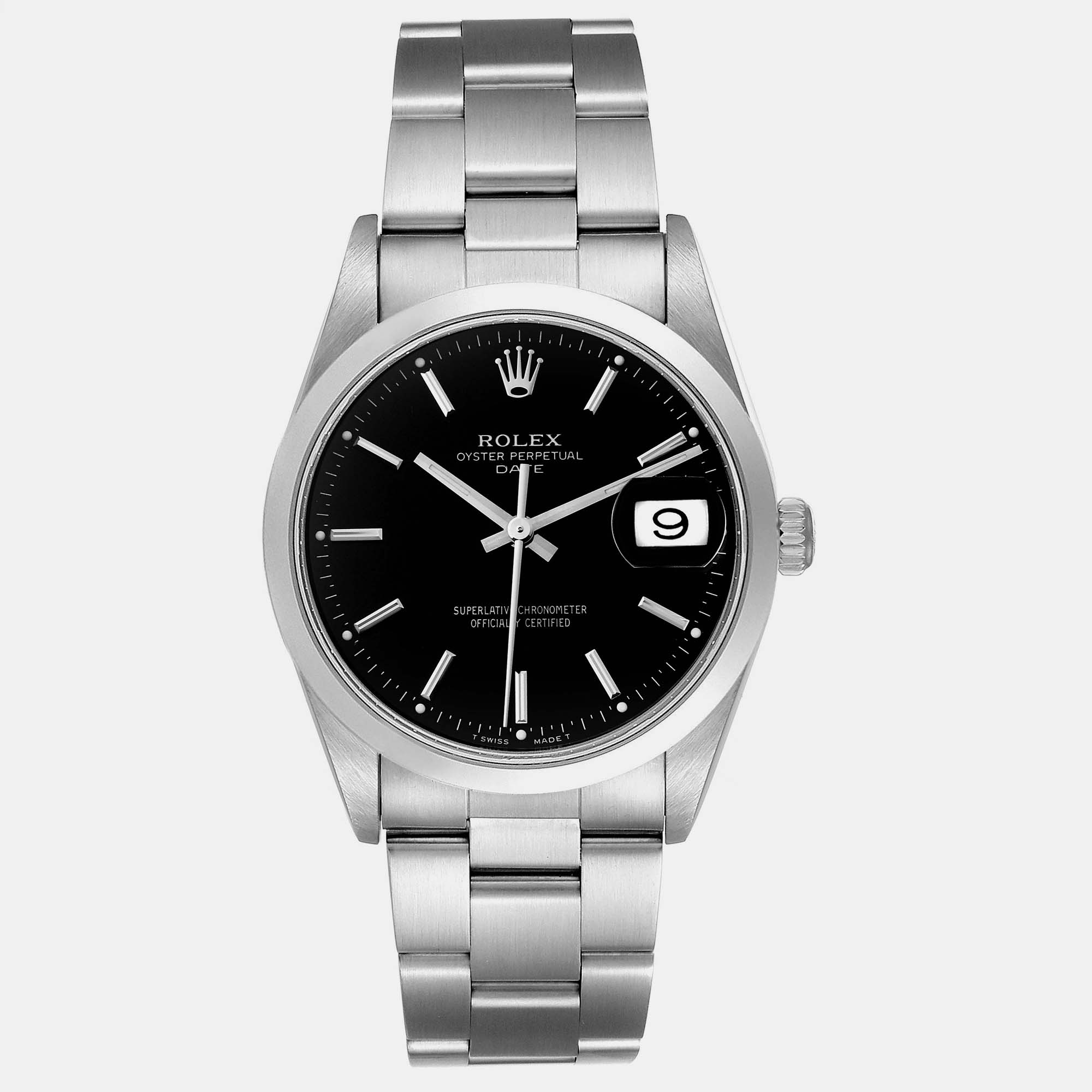 Rolex date black dial smooth bezel steel men's watch 34 mm
