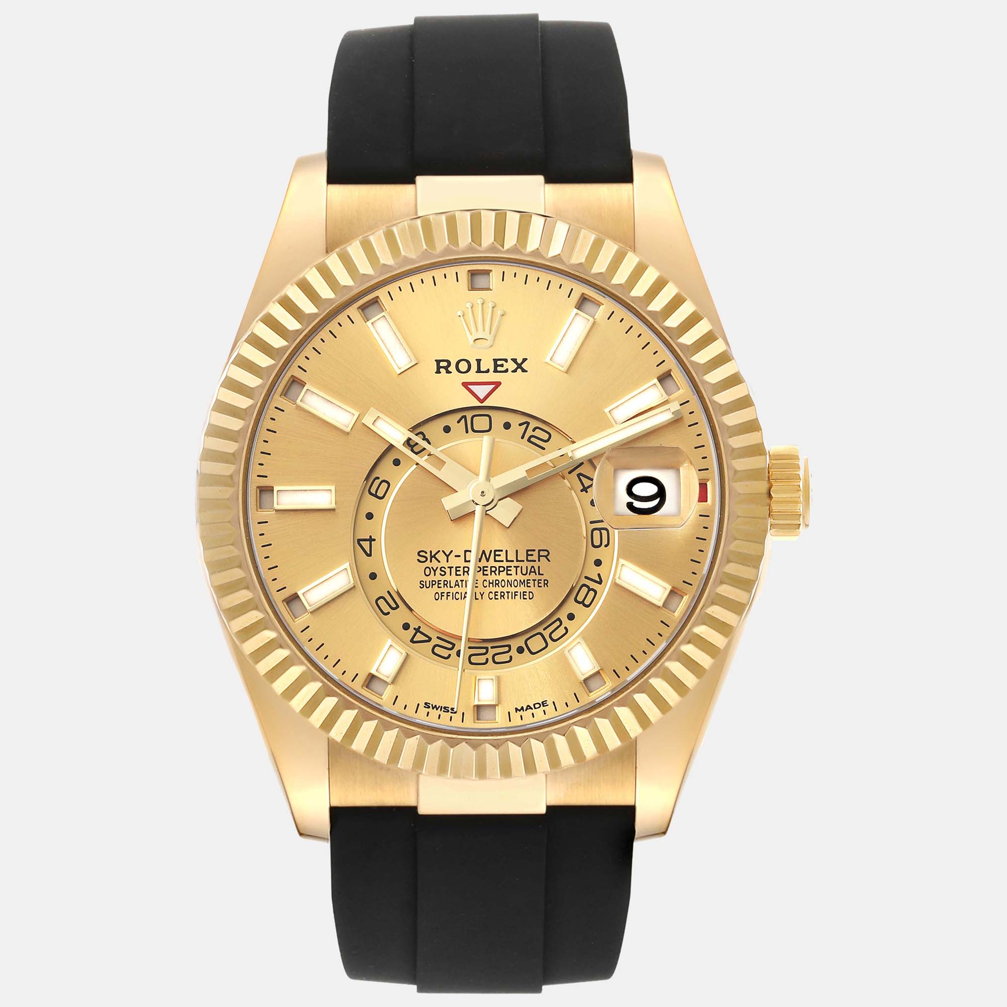 Rolex sky-dweller yellow gold champagne dial oysterflex men's watch 42 mm