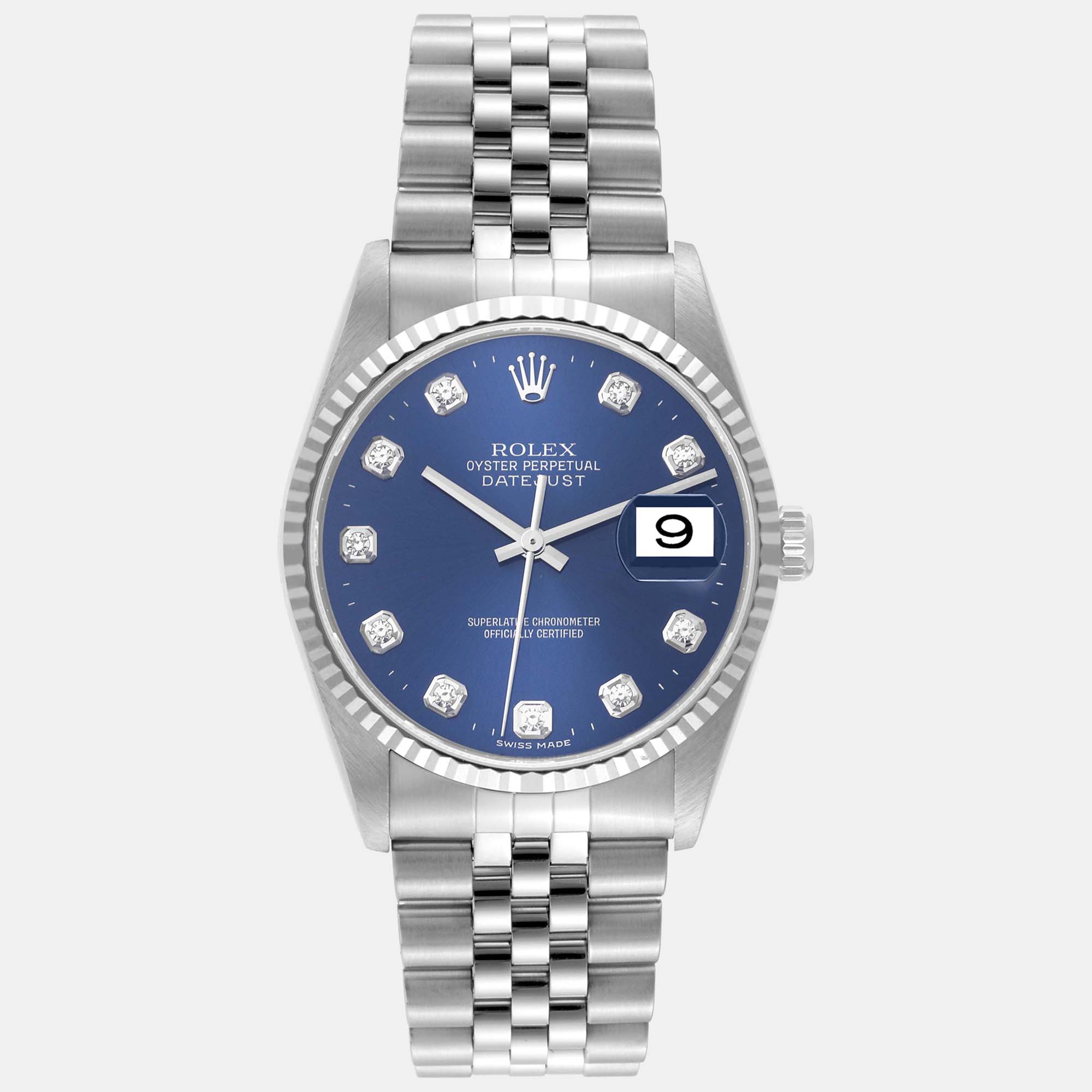 Rolex datejust blue diamond dial steel white gold men's watch 36 mm