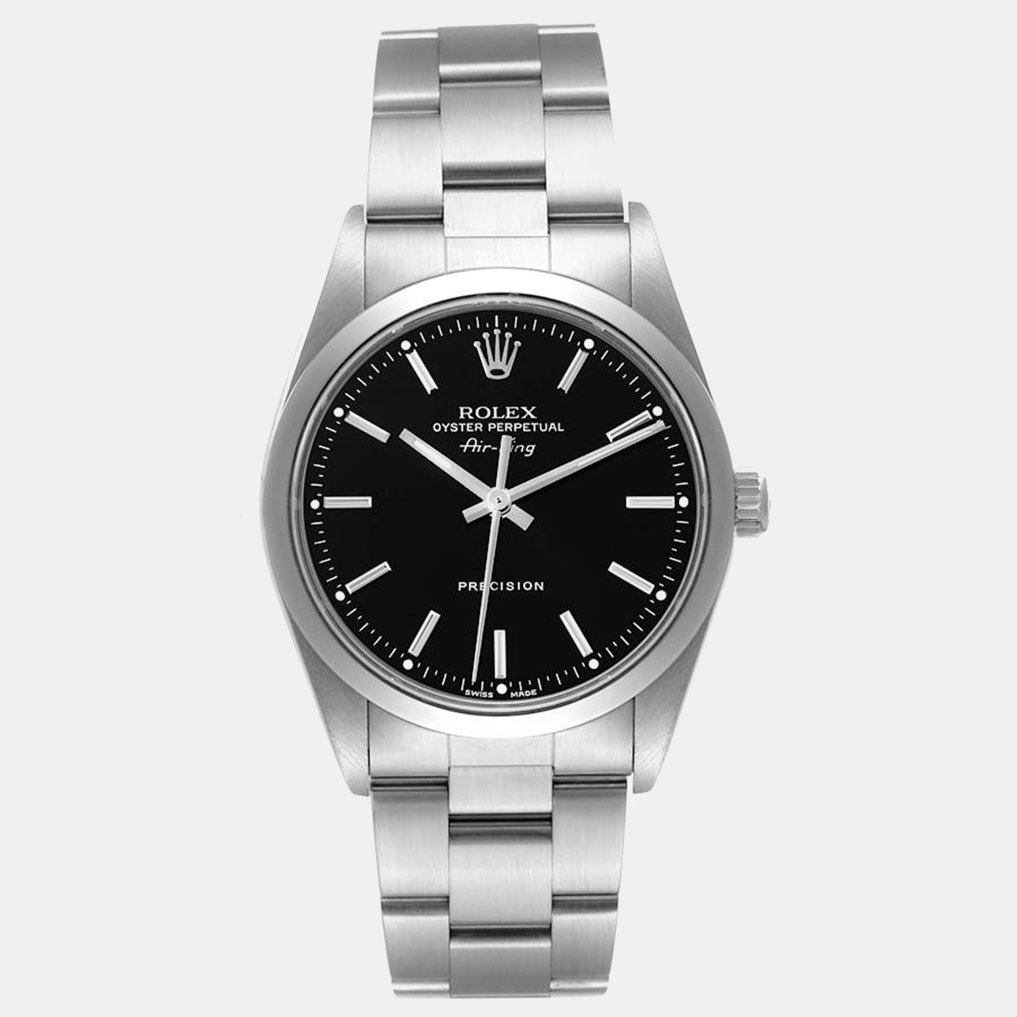 Rolex air king black dial smooth bezel steel men's watch 34 mm