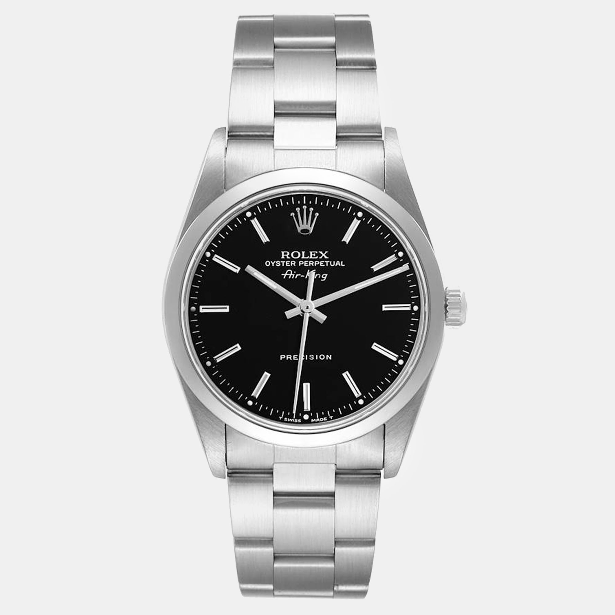 Rolex air king black dial smooth bezel steel men's watch 34 mm