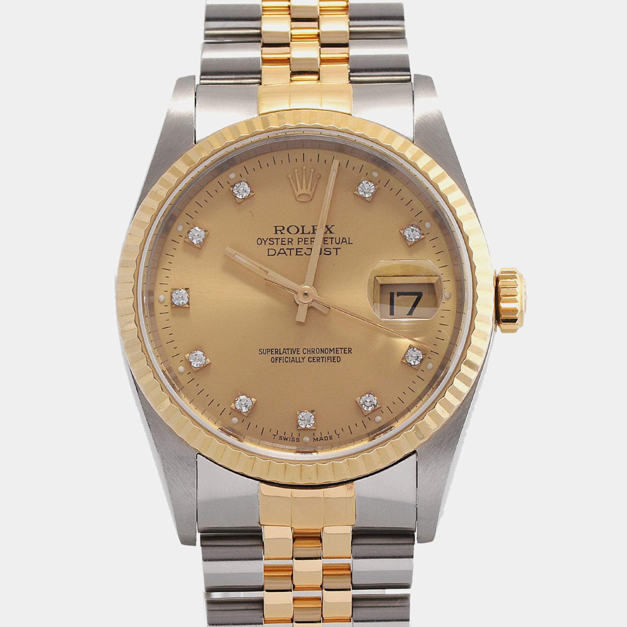 Rolex champagne diamond 18k yellow gold stainless steel datejust automatic men's wristwatch 36 mm