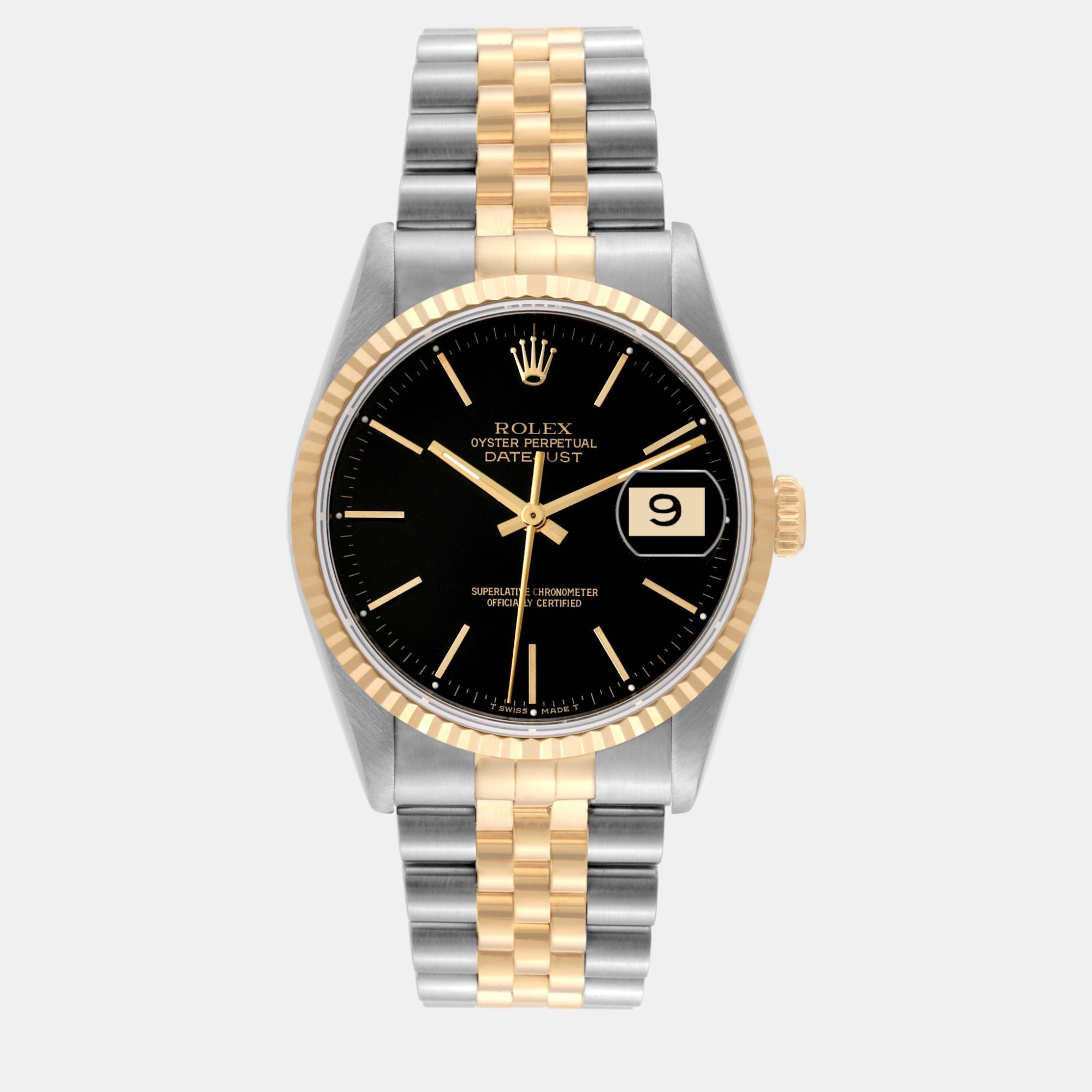 Rolex datejust steel yellow gold black dial men's watch 36 mm