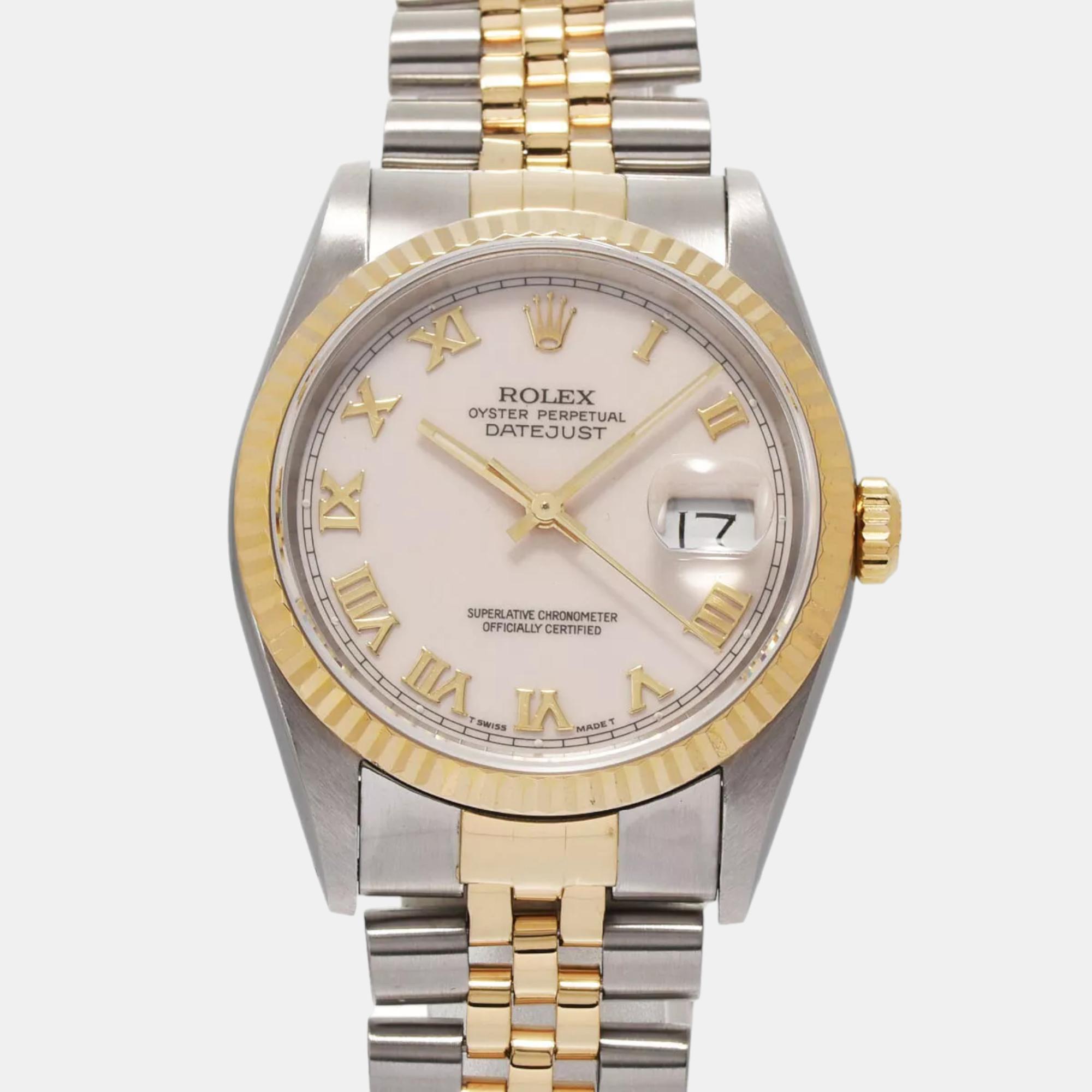 Rolex ivory 18k yellow gold stainless steel datejust 16233 automatic men's wristwatch 36 mm