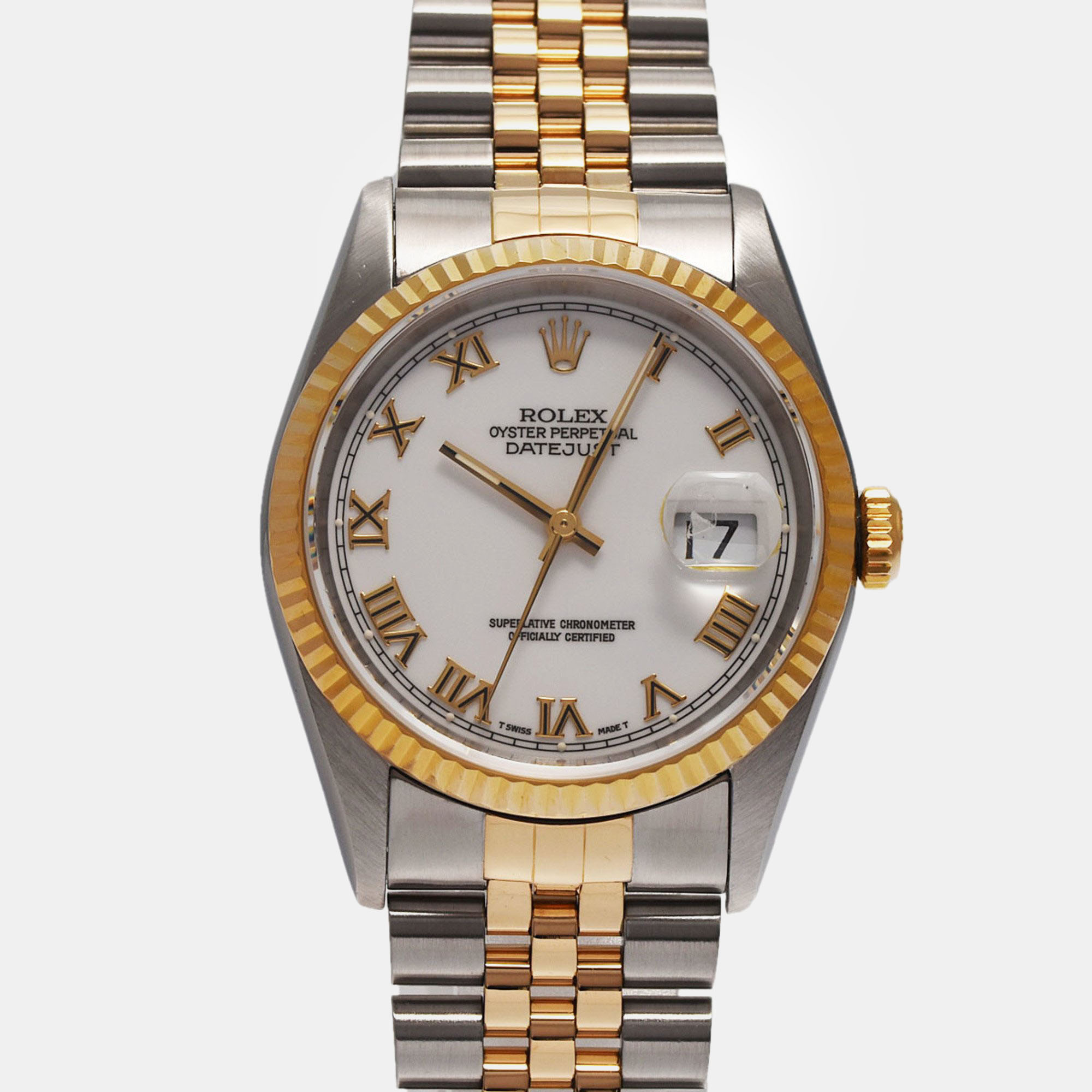 Rolex white 18k yellow gold stainless steel datejust 16233 automatic men's wristwatch 35 mm