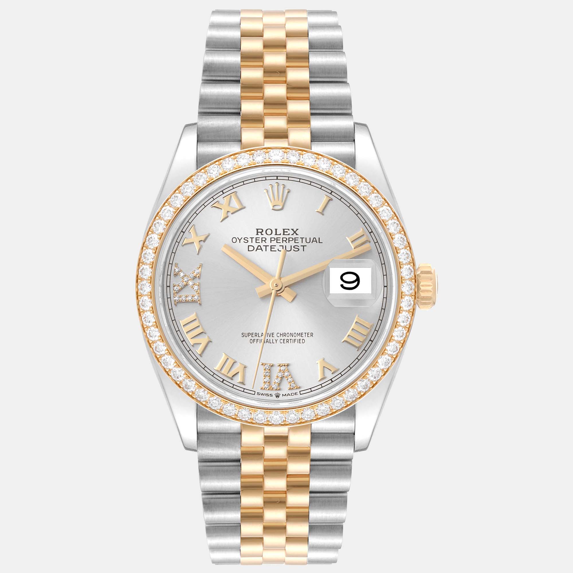 Rolex datejust steel yellow gold silver dial diamond men's watch 36 mm
