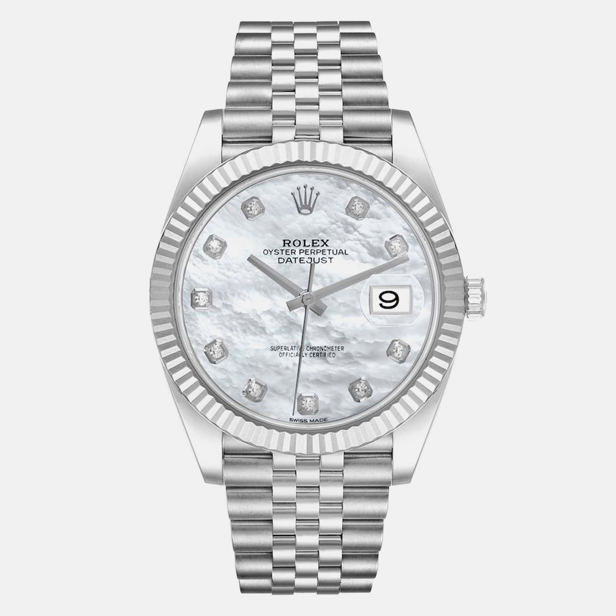 Rolex datejust steel white gold mop diamond dial men's watch 41 mm