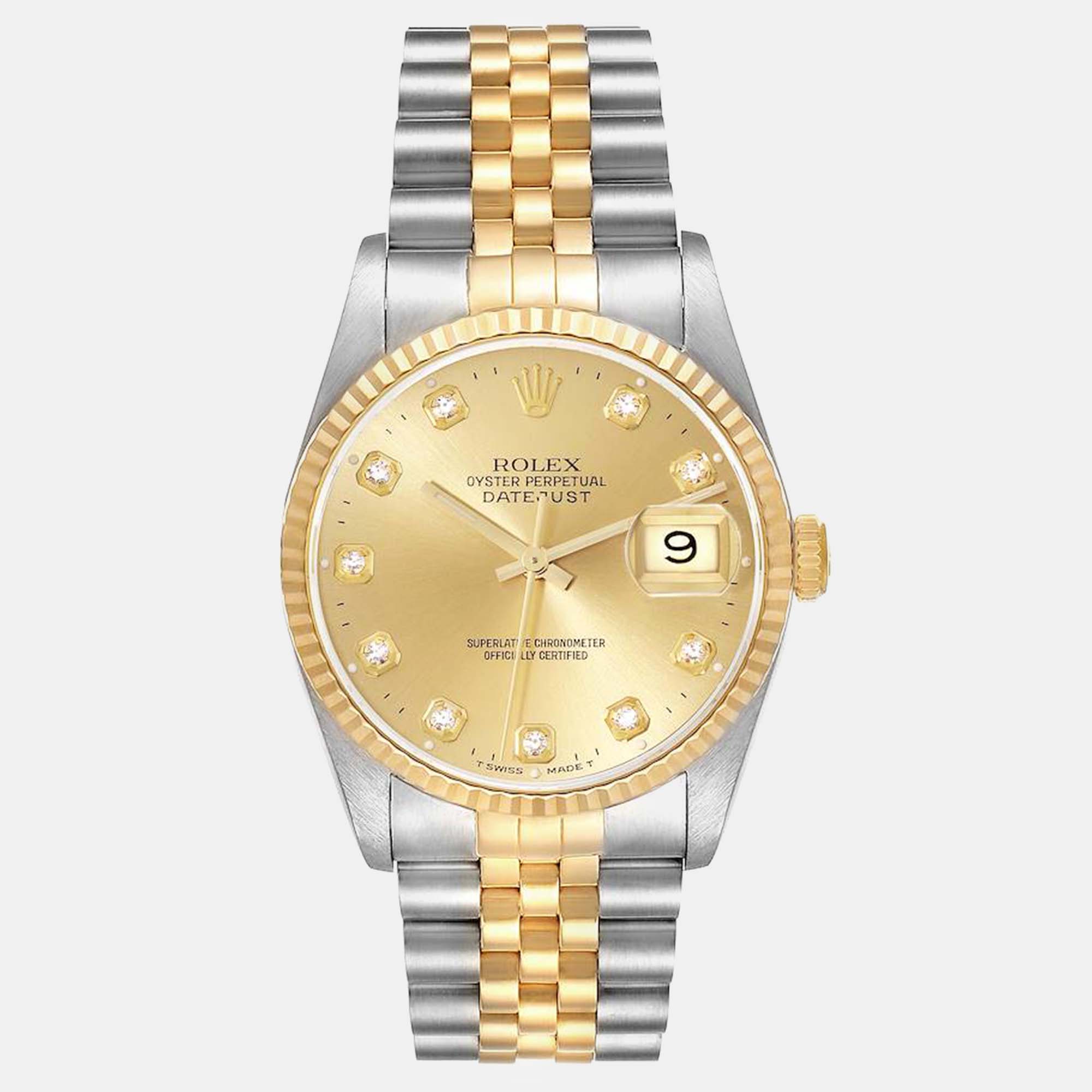 Rolex datejust champagne diamond dial steel yellow gold men's watch 36 mm