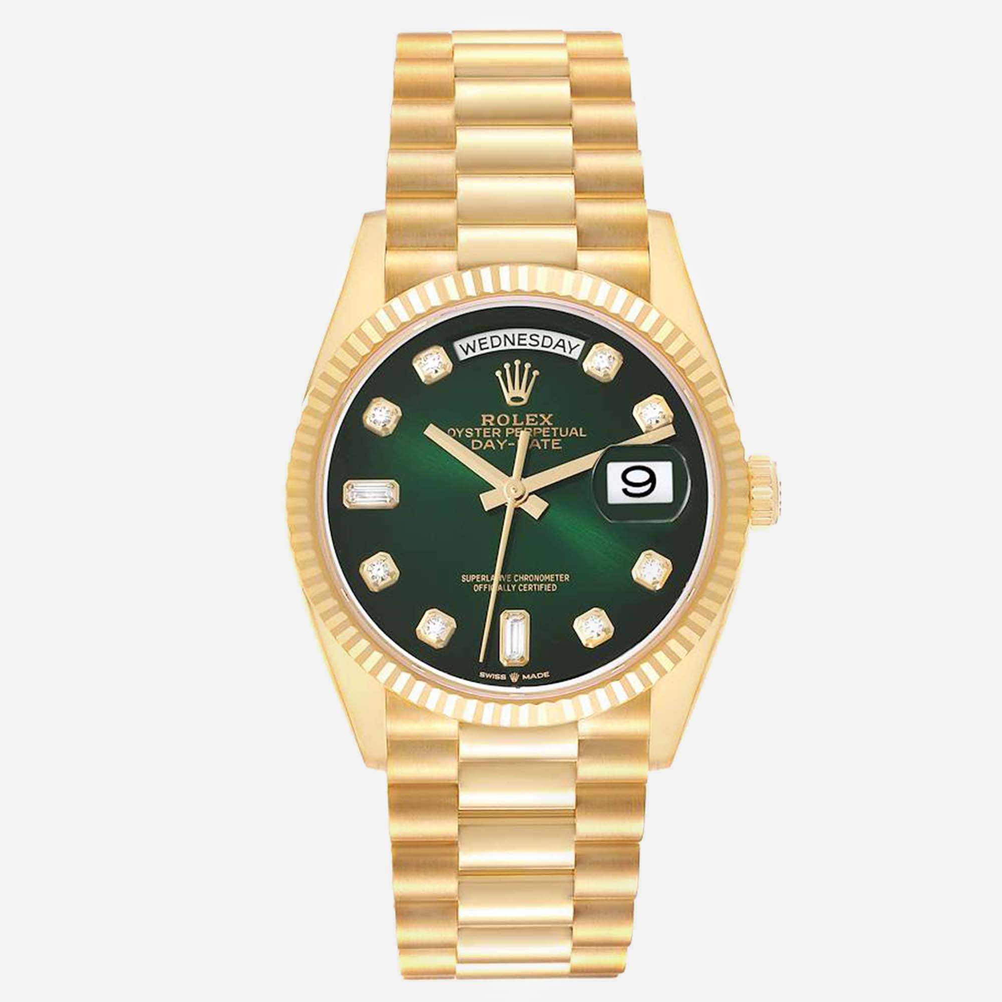 Rolex president day-date yellow gold green diamond dial men's watch 36 mm
