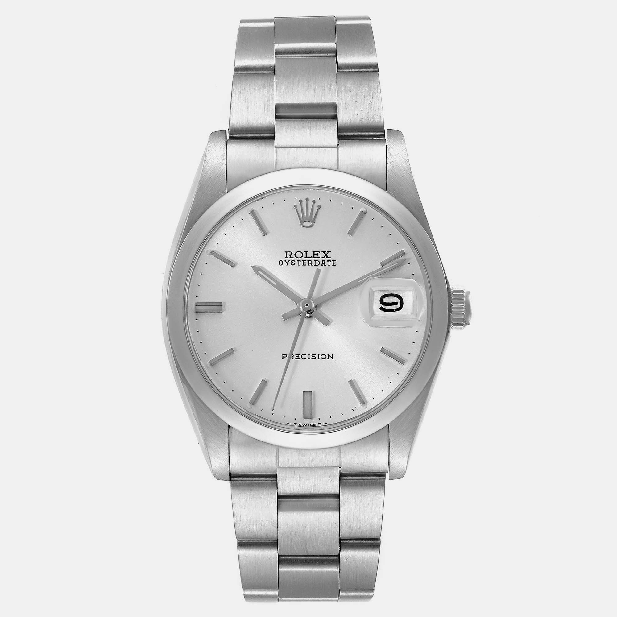 Rolex oyster date precision silver dial vintage steel men's watch 6694 35 mm