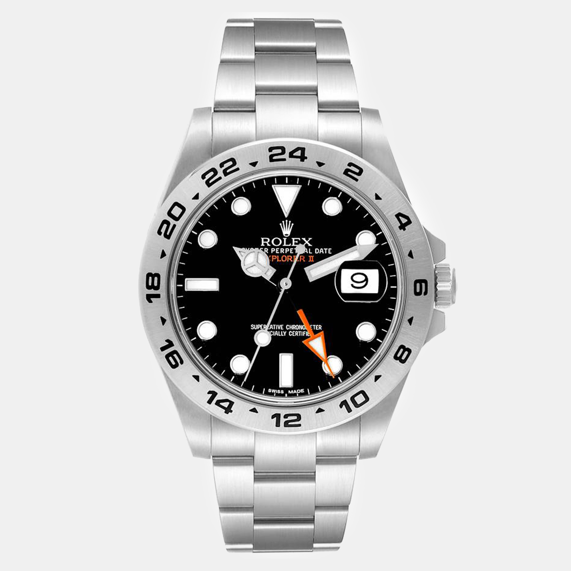 Rolex explorer ii black dial orange hand steel men's watch 42 mm