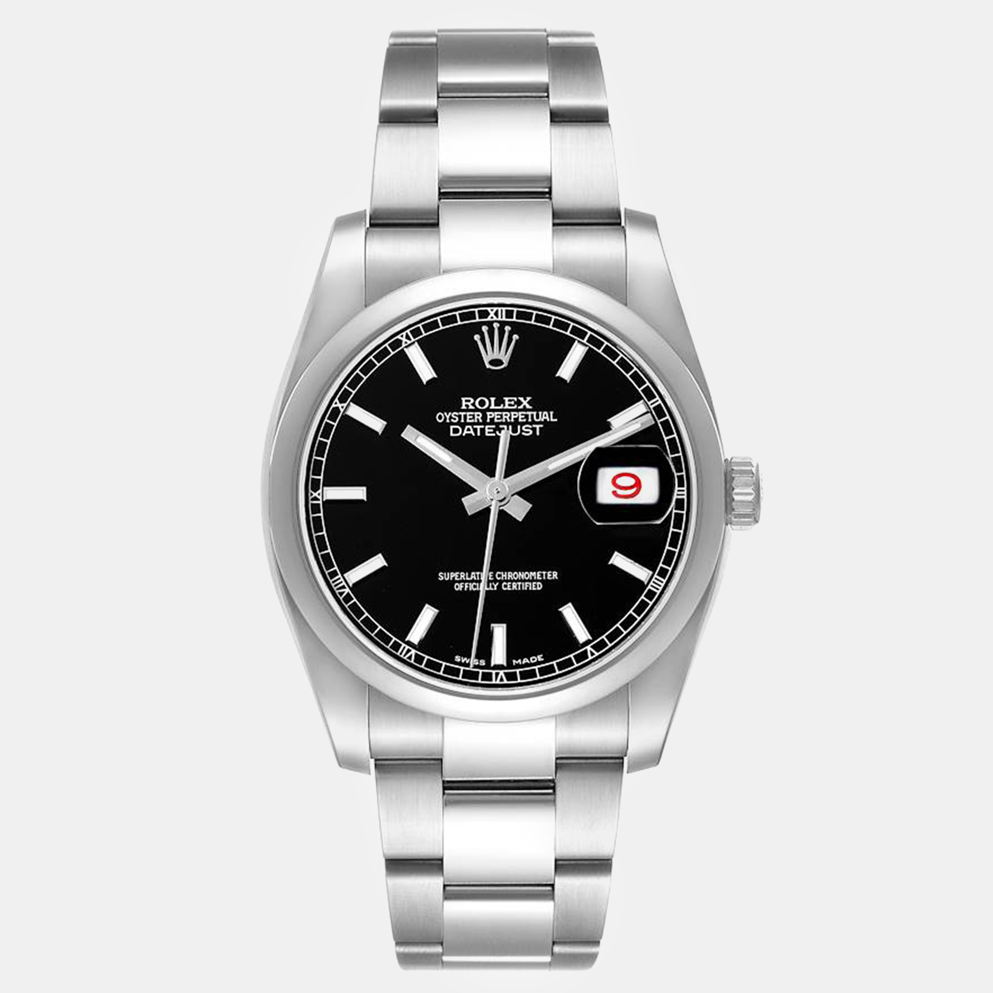 Rolex datejust black baton dial steel men's watch 36 mm