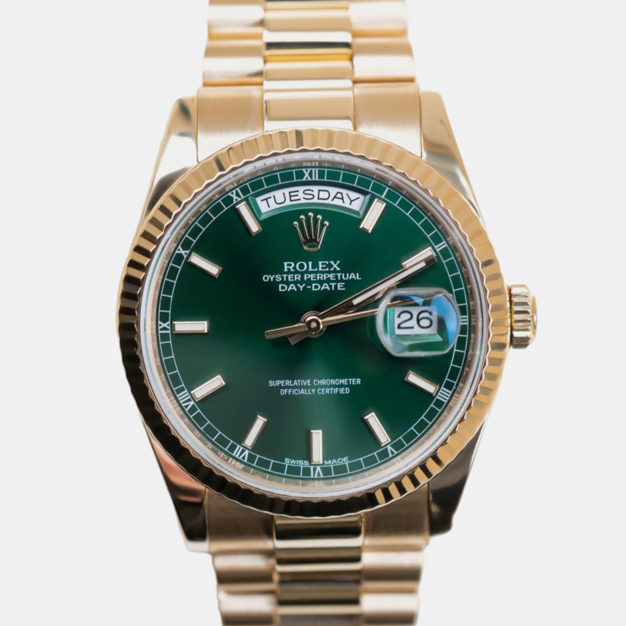 Rolex 18k yellow gold green day-date 118238 automatic watch 36 mm