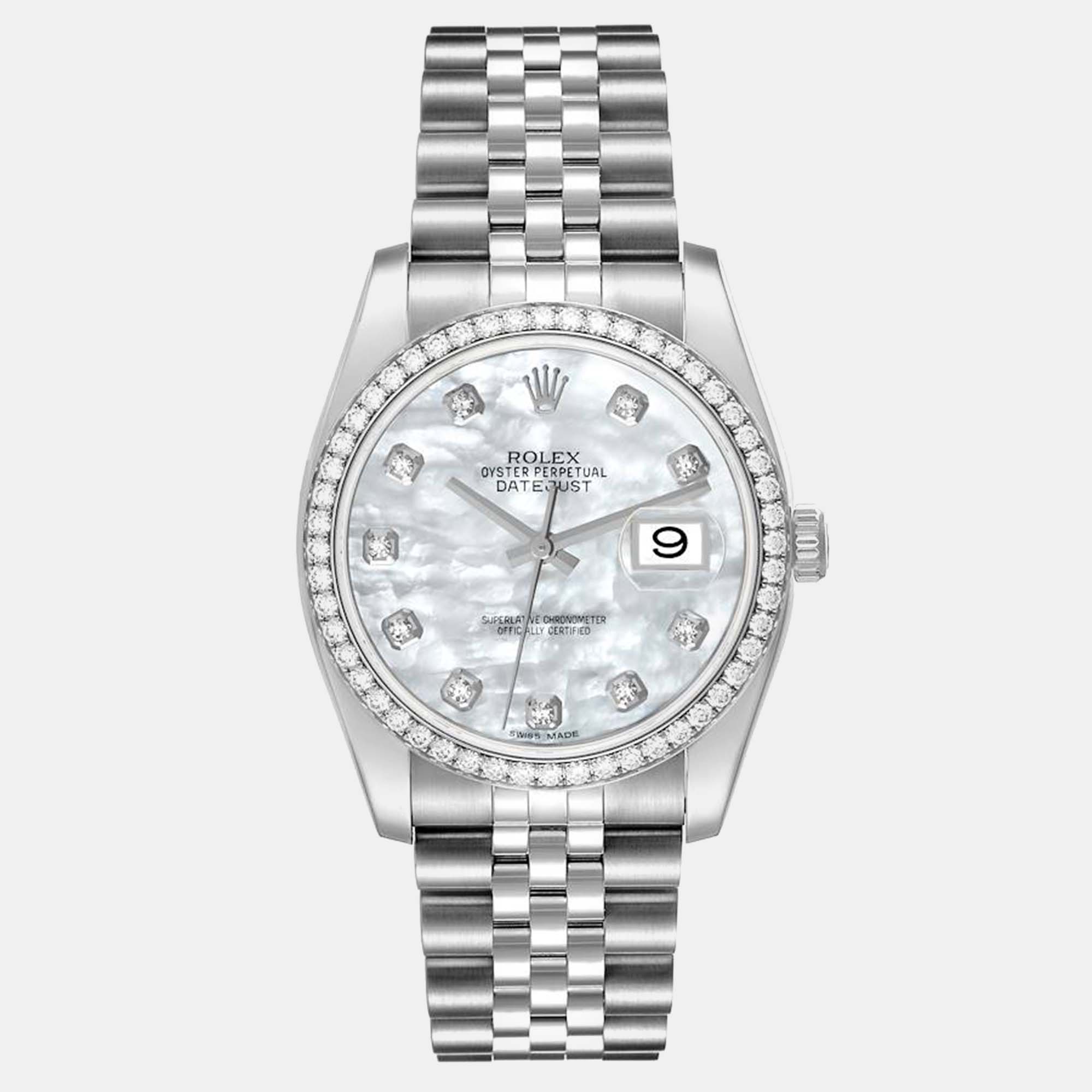 Rolex datejust mother of pearl diamond steel men's watch 36 mm