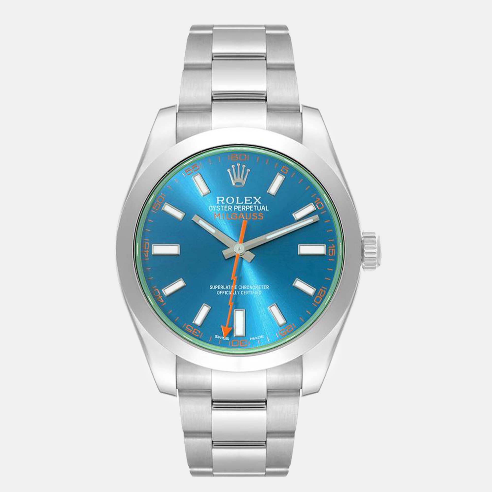 Rolex milgauss blue dial green crystal steel men's watch 40 mm