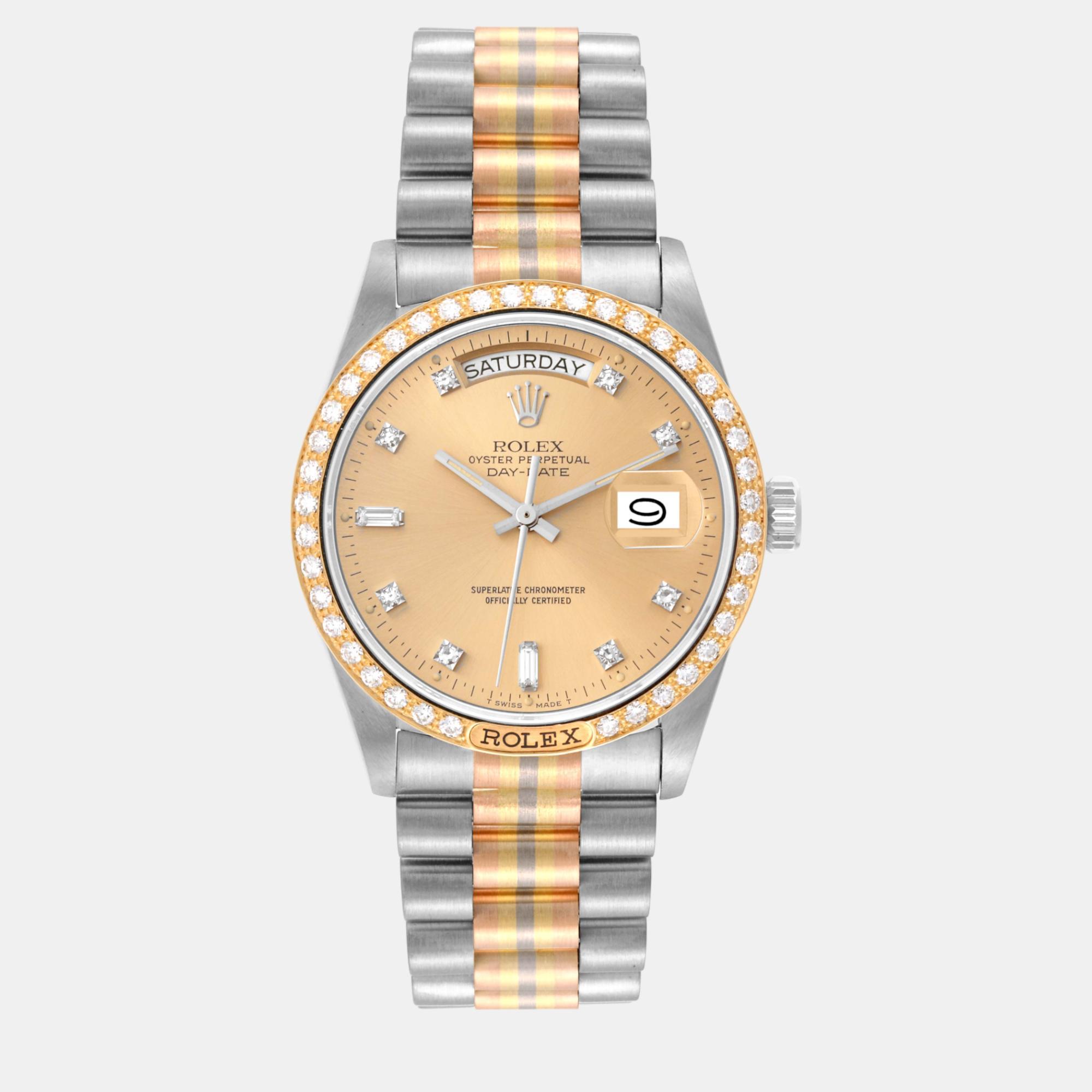 Rolex president day-date tridor white yellow rose gold diamond watch 36.0 mm