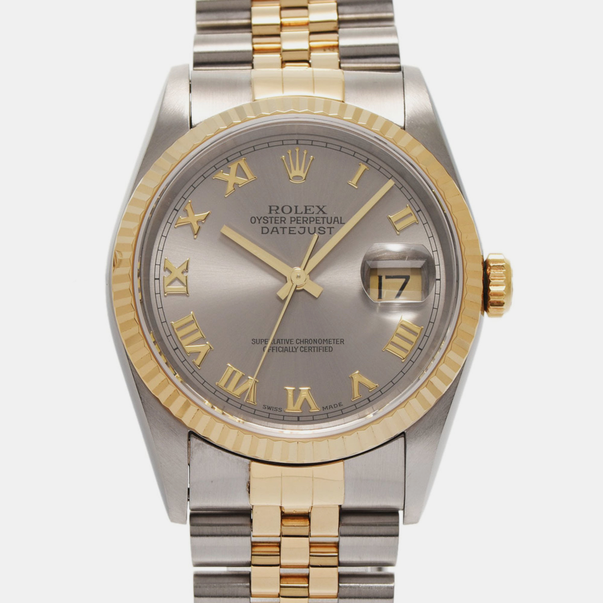 Rolex grey 18k yellow gold stainless steel datejust 16233 automatic men's wristwatch 36 mm