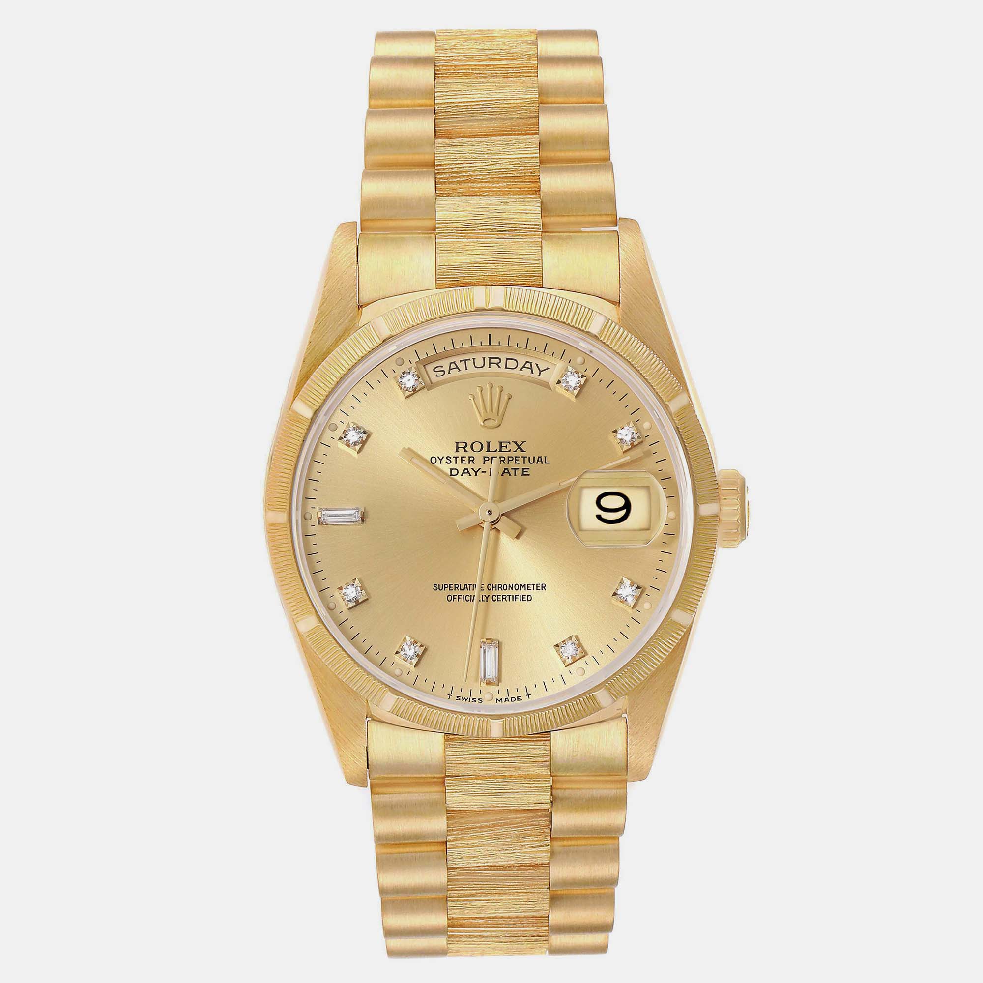 Rolex president day-date yellow gold bark diamond men's watch 18248 36 mm