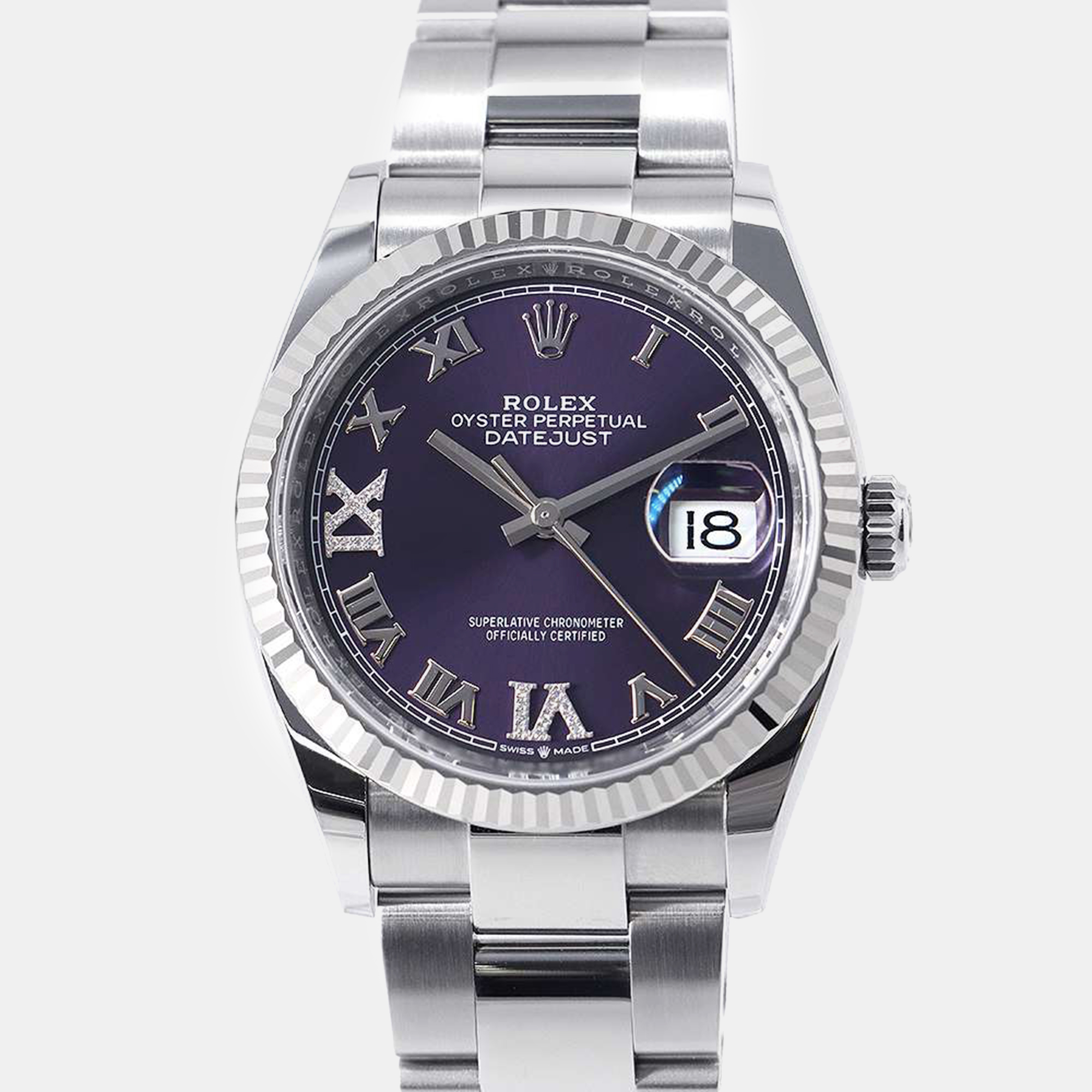 Rolex purple 18k white gold stainless steel datejust 126234 automatic men's wristwatch 36 mm