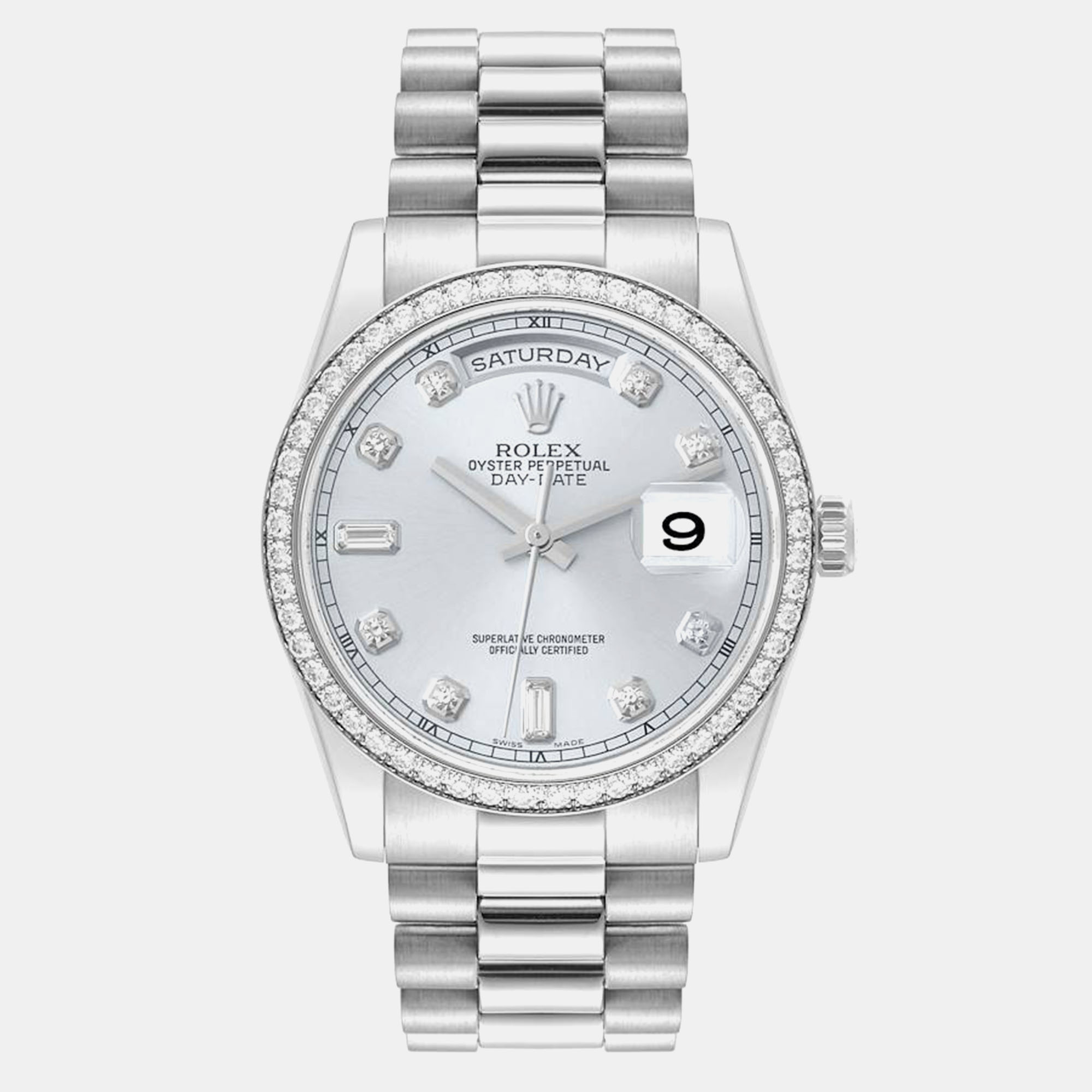 Rolex president day-date platinum diamond men's watch 118346 36 mm