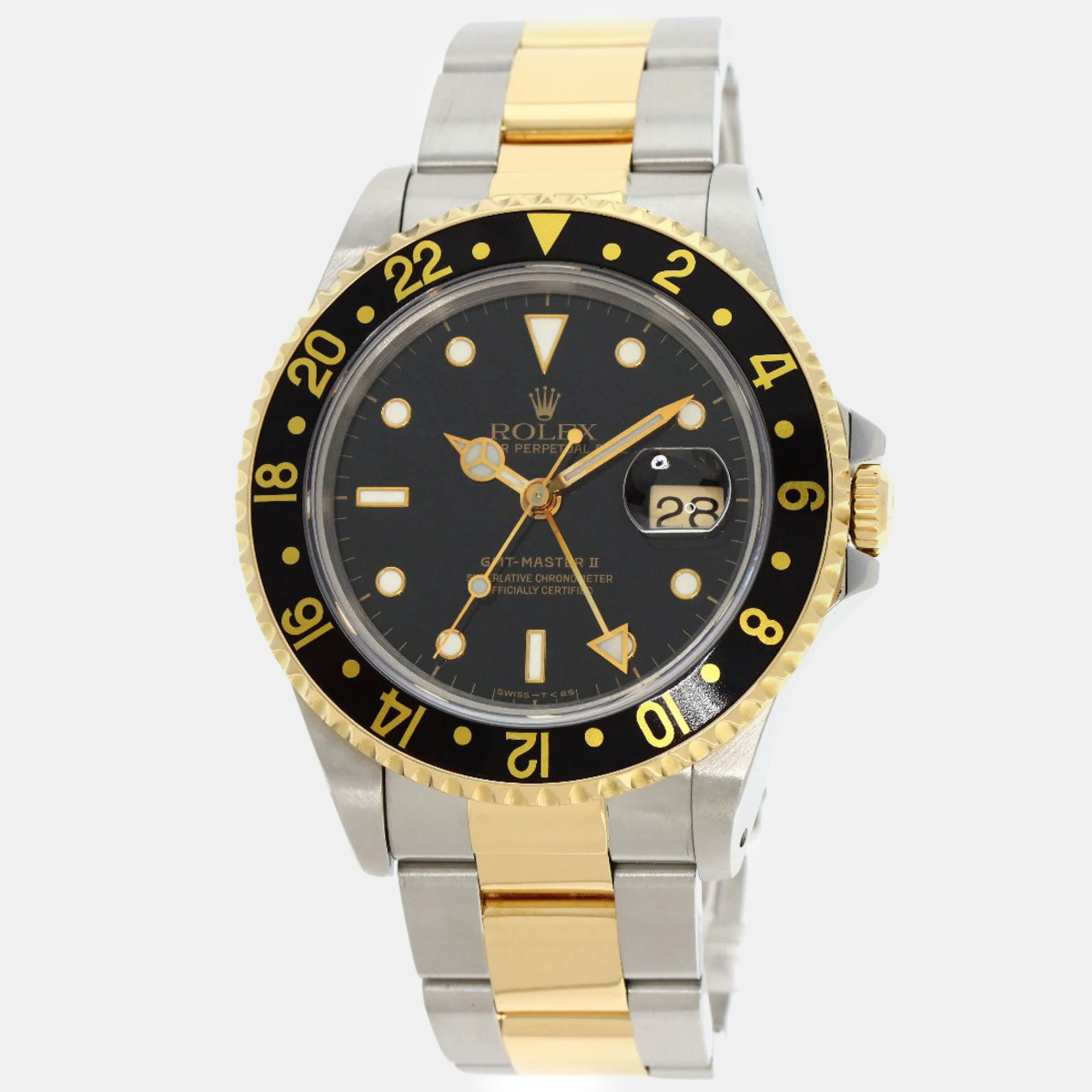 Rolex black 18k yellow gold stainless steel gmt-master ii 16713 automatic men's wristwatch 47 mm