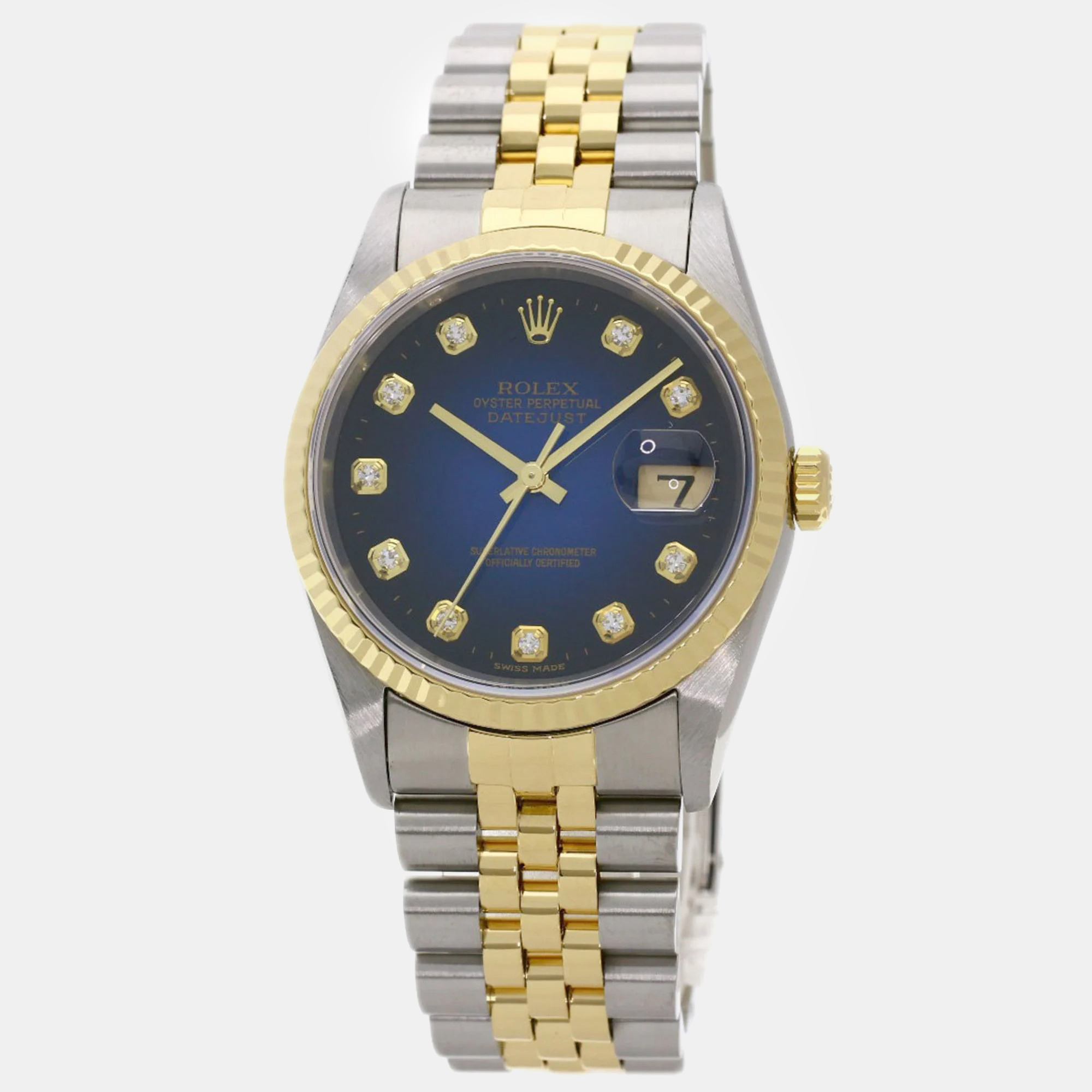 Rolex blue diamond 18k yellow gold stainless steel datejust 16233 automatic men's wristwatch 36 mm