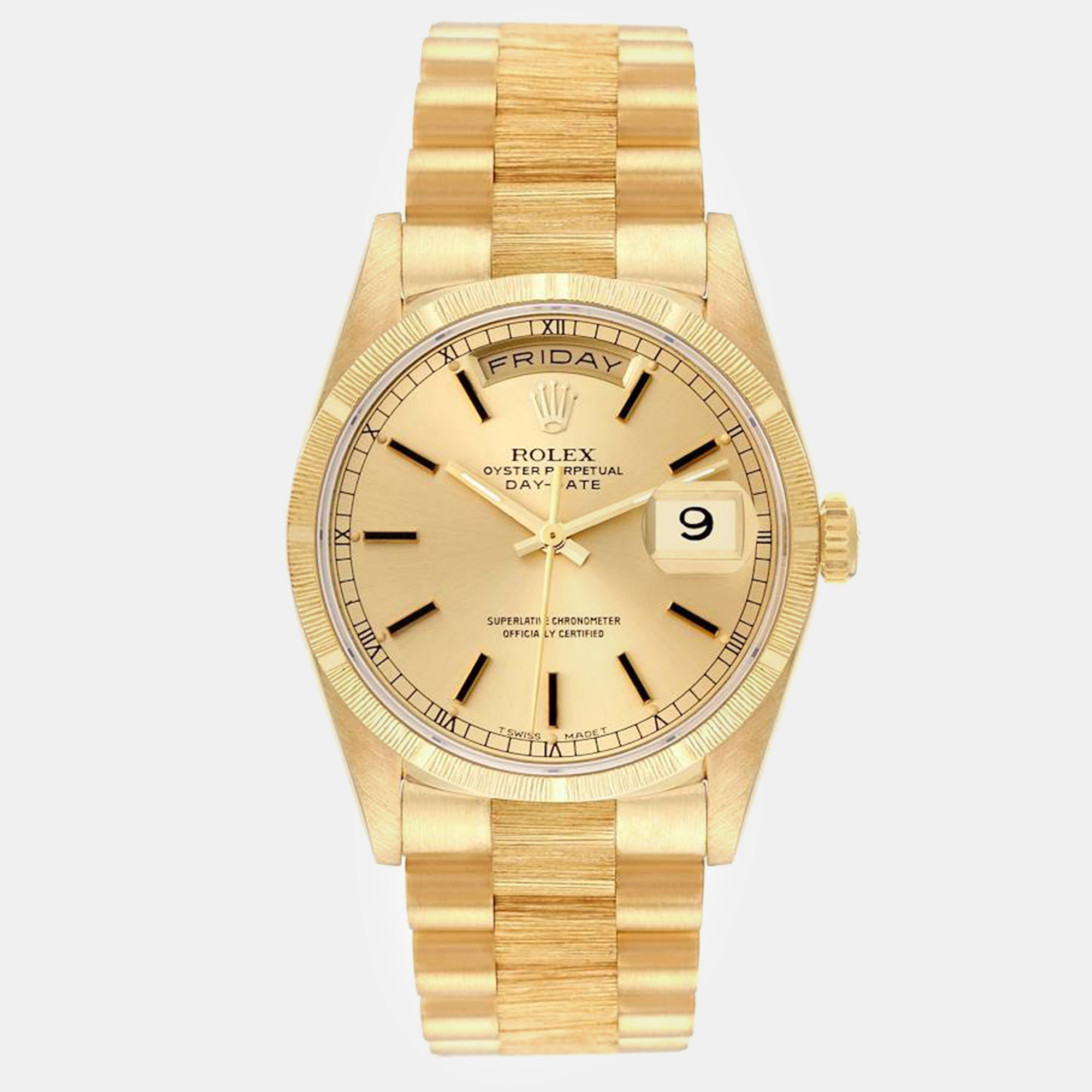 Rolex day-date president yellow gold bark finish mens watch 18248 36 mm