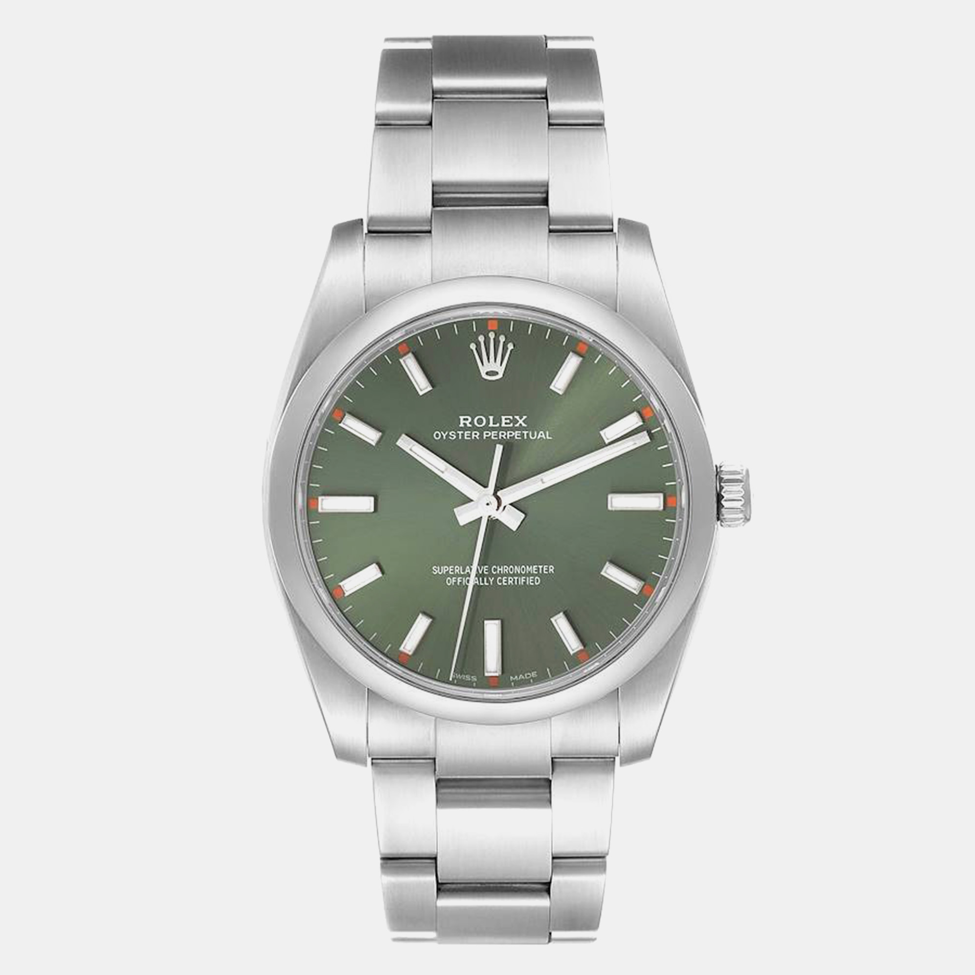 Rolex oyster perpetual olive green dial steel mens watch 114200 34 mm