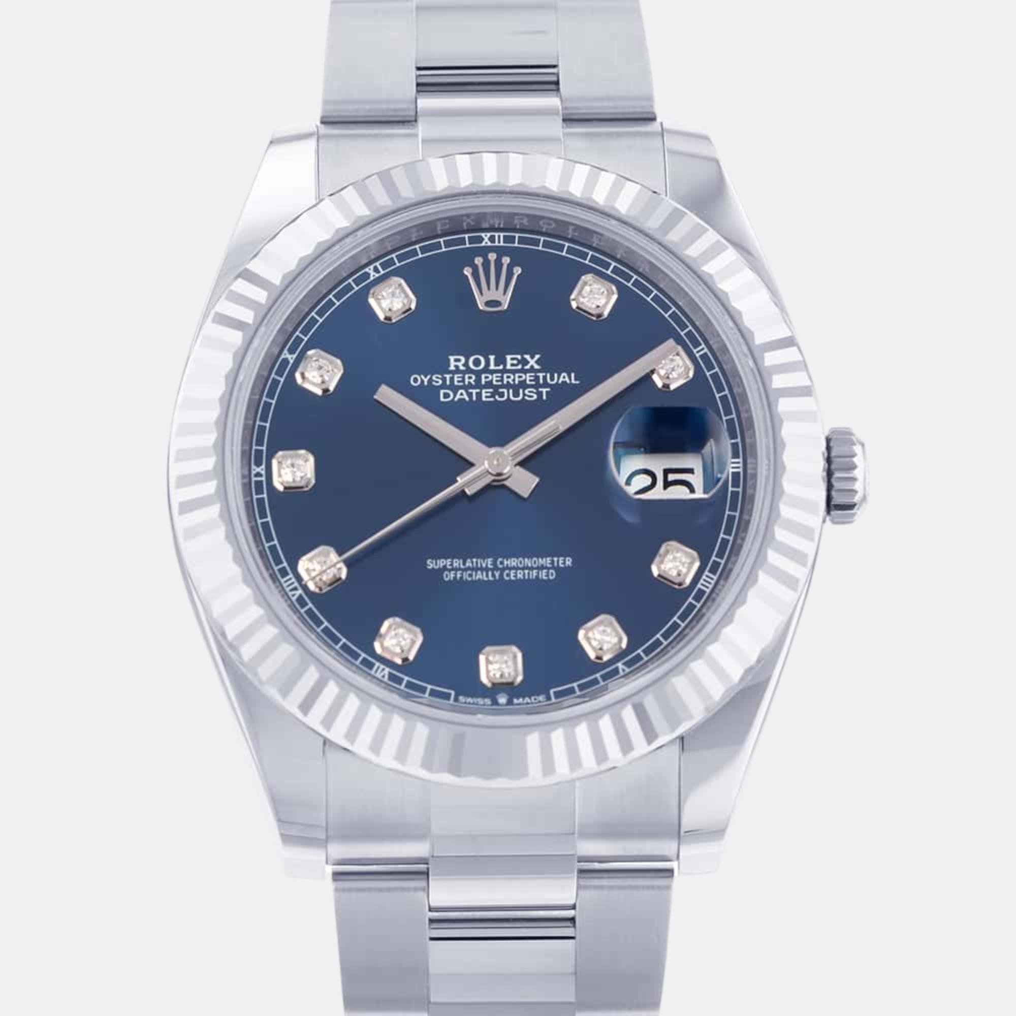 Rolex blue 18k white gold stainless steel diamond datejust automatic men's wristwatch 41 mm