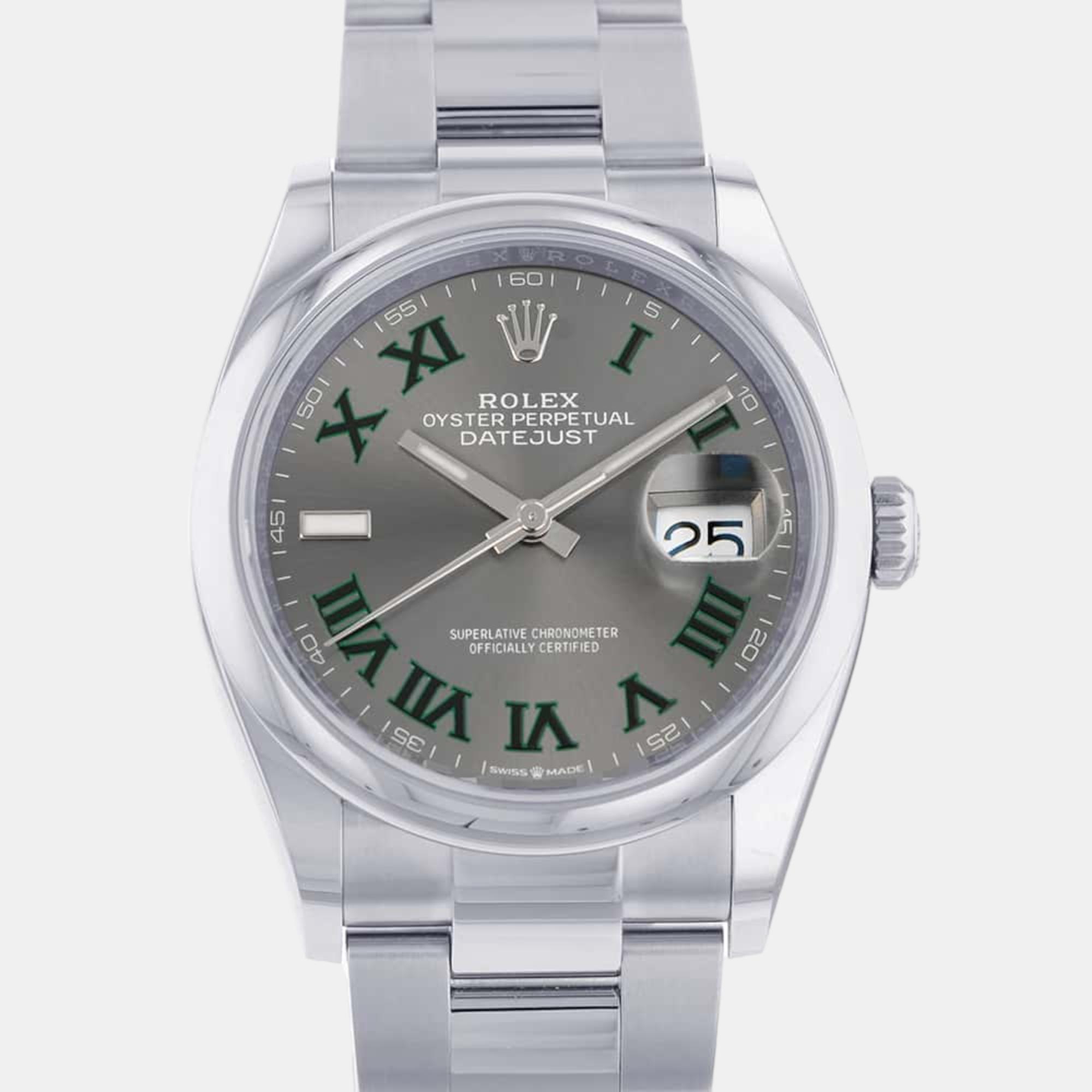 Rolex grey stainless steel datejust automatic men's wristwatch 36 mm