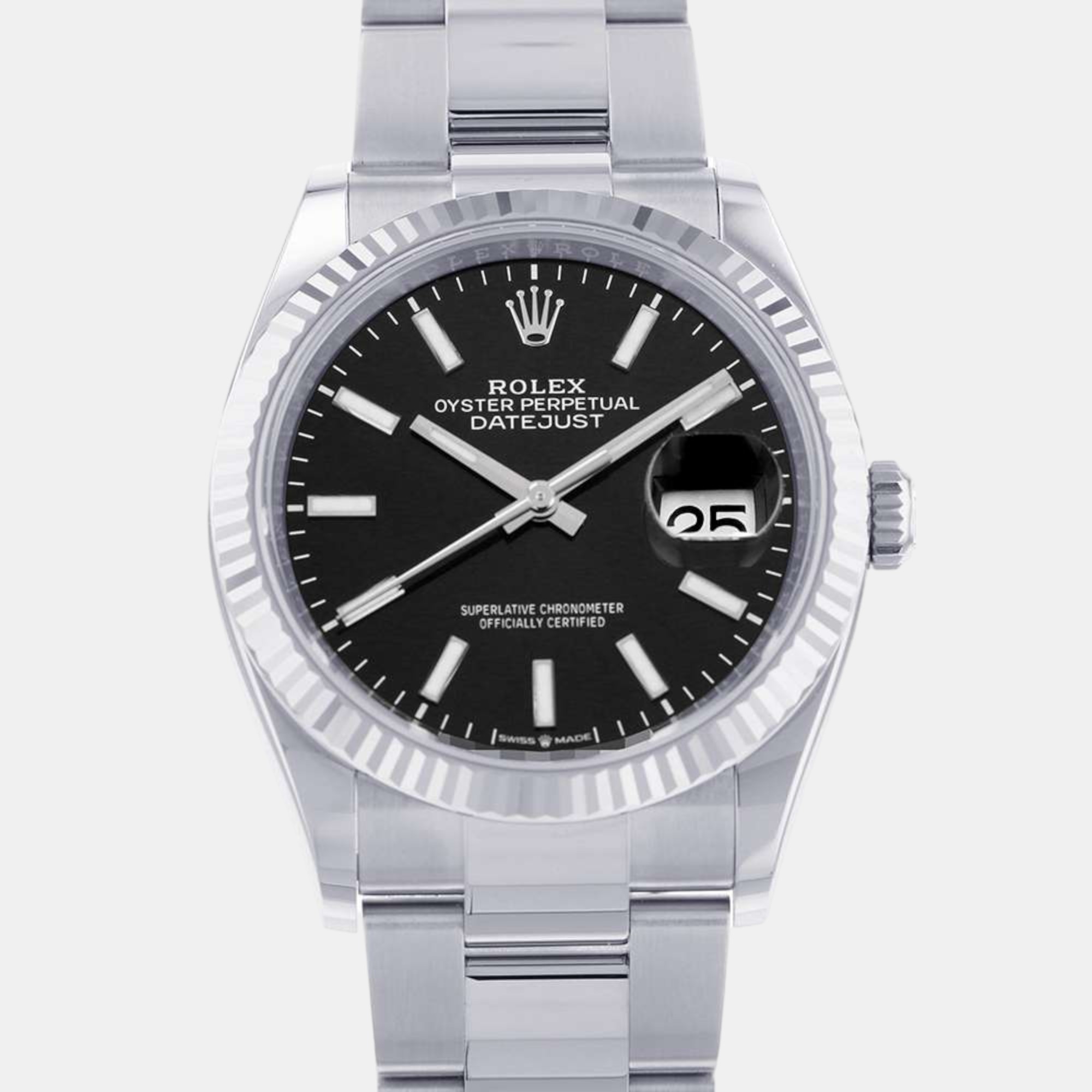 Rolex black 18k white gold stainless steel datejust automatic men's wristwatch 36 mm