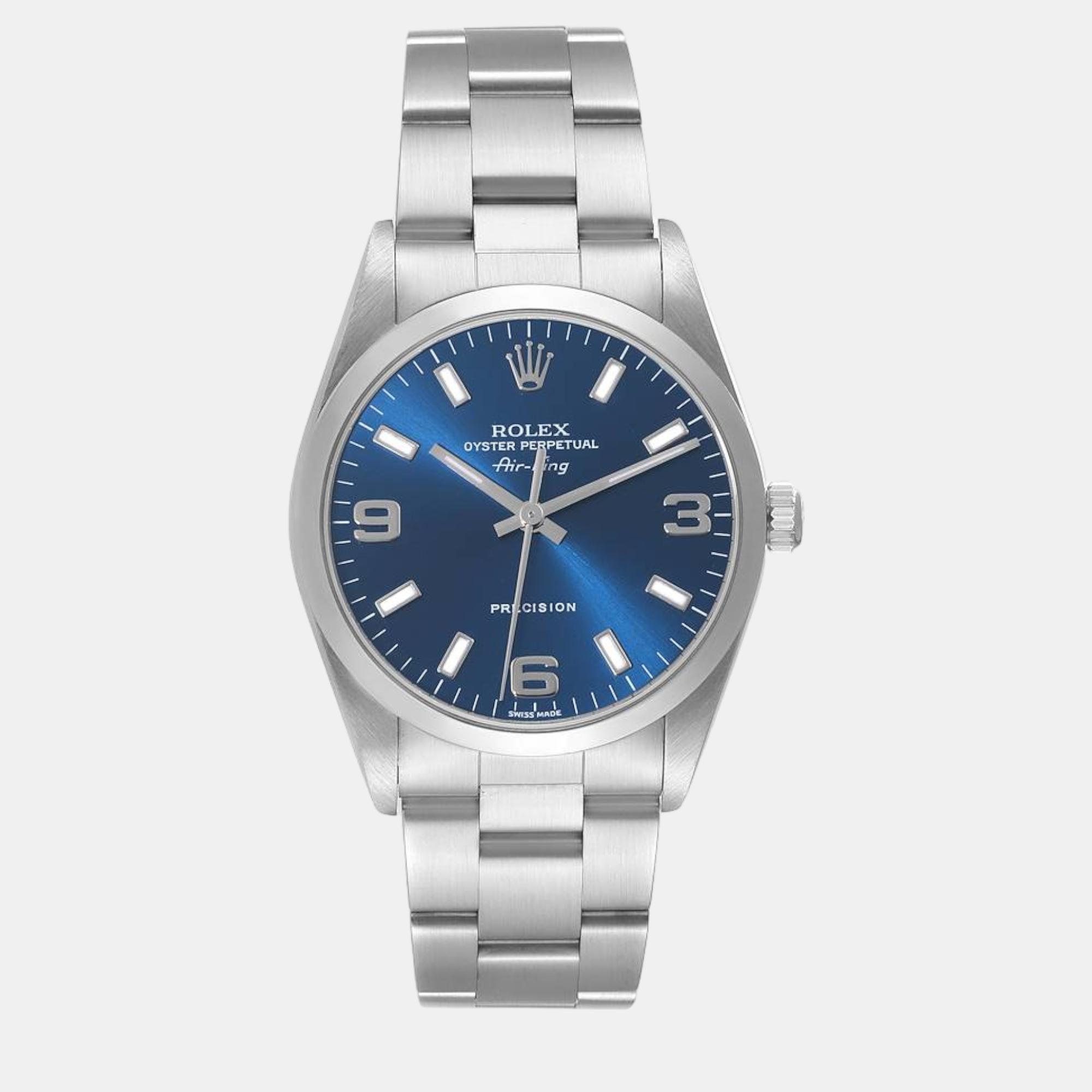 Rolex air king blue dial smooth bezel steel men's watch 34 mm