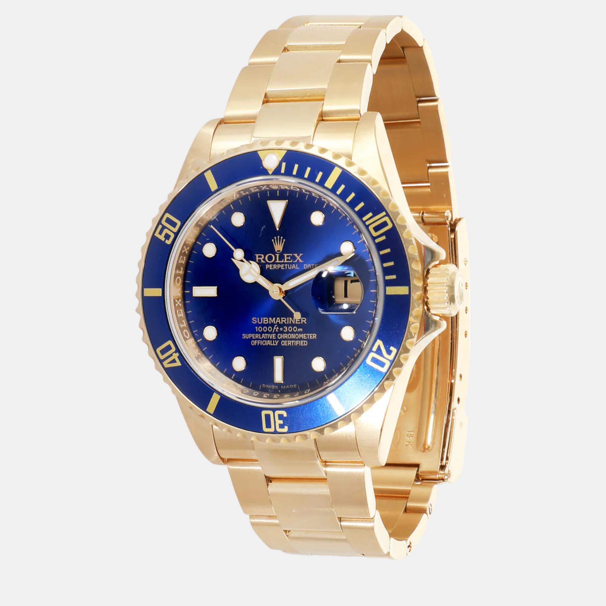 Rolex blue 18k yellow gold submariner 16618 automatic men's wristwatch 40 mm