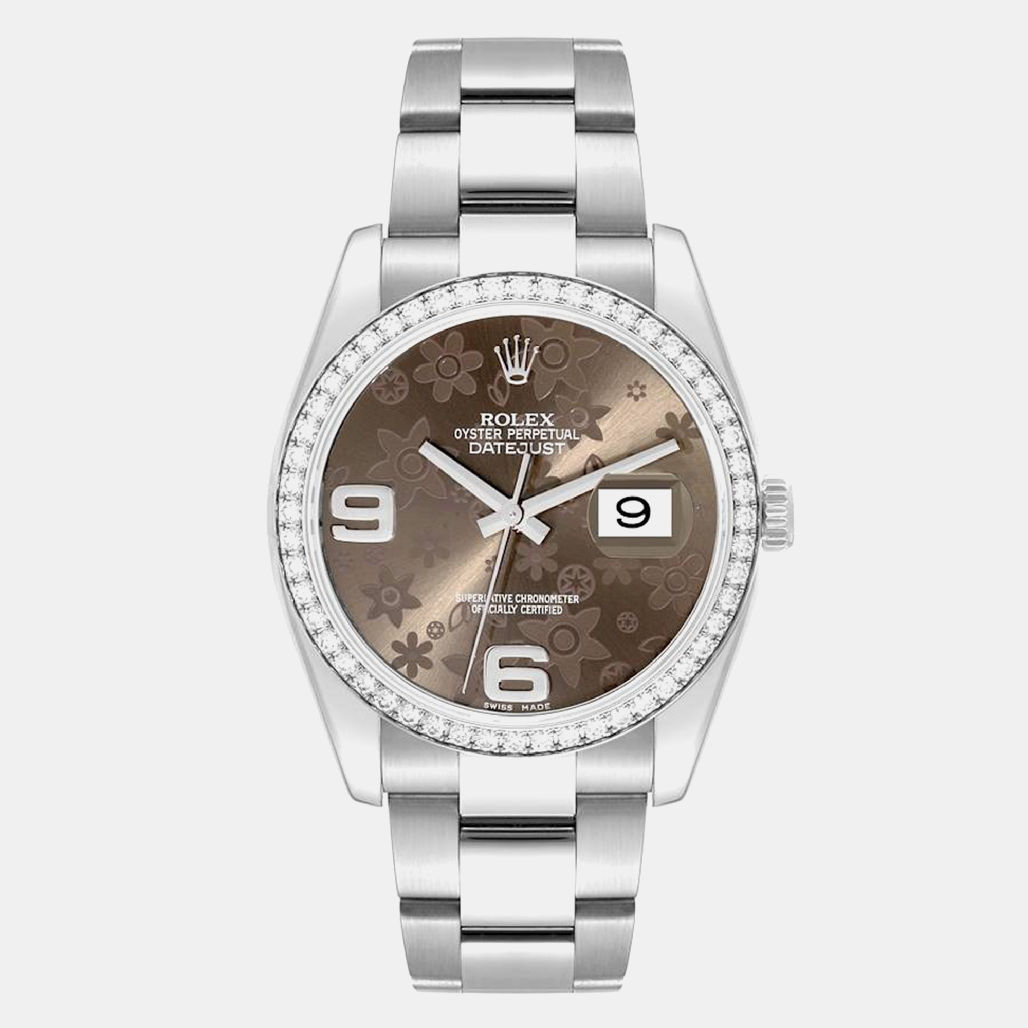 Rolex datejust bronze flower dial diamond bezel steel watch 116244 36 mm