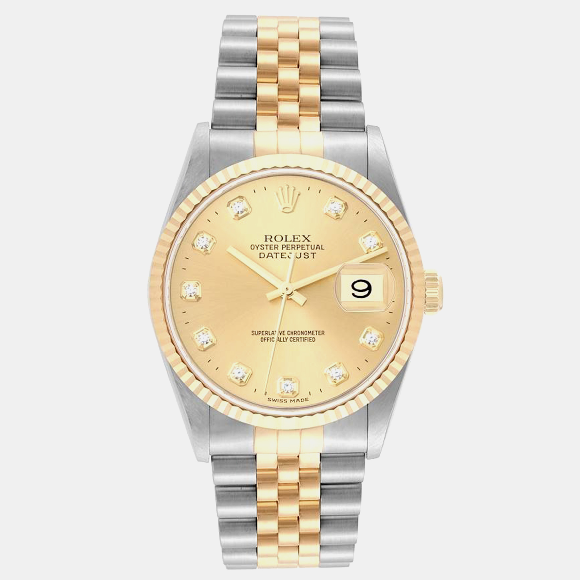 Rolex datejust diamond dial steel yellow gold men's watch 16233 36 mm