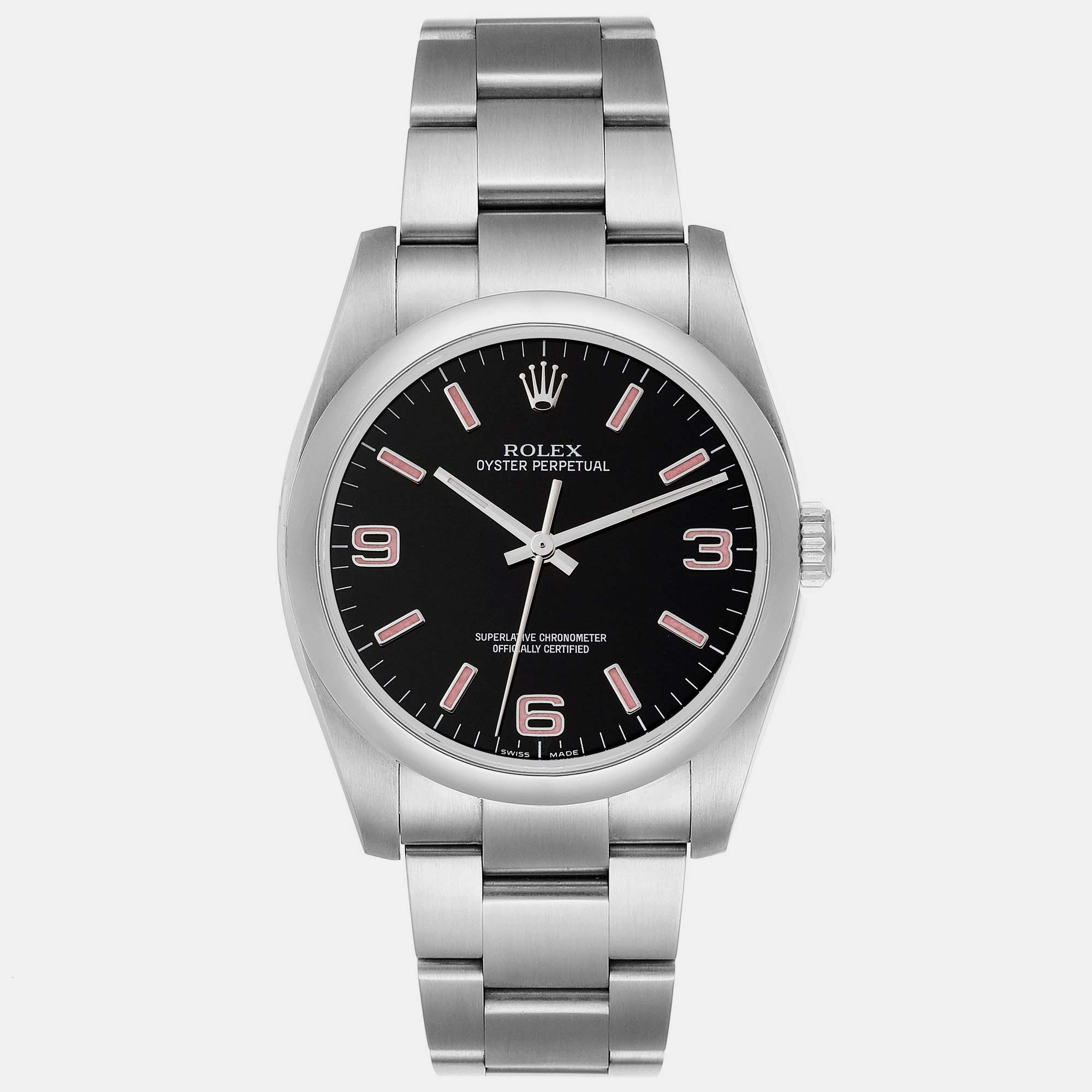 Rolex oyster perpetual pink baton black dial steel men's watch 36 mm