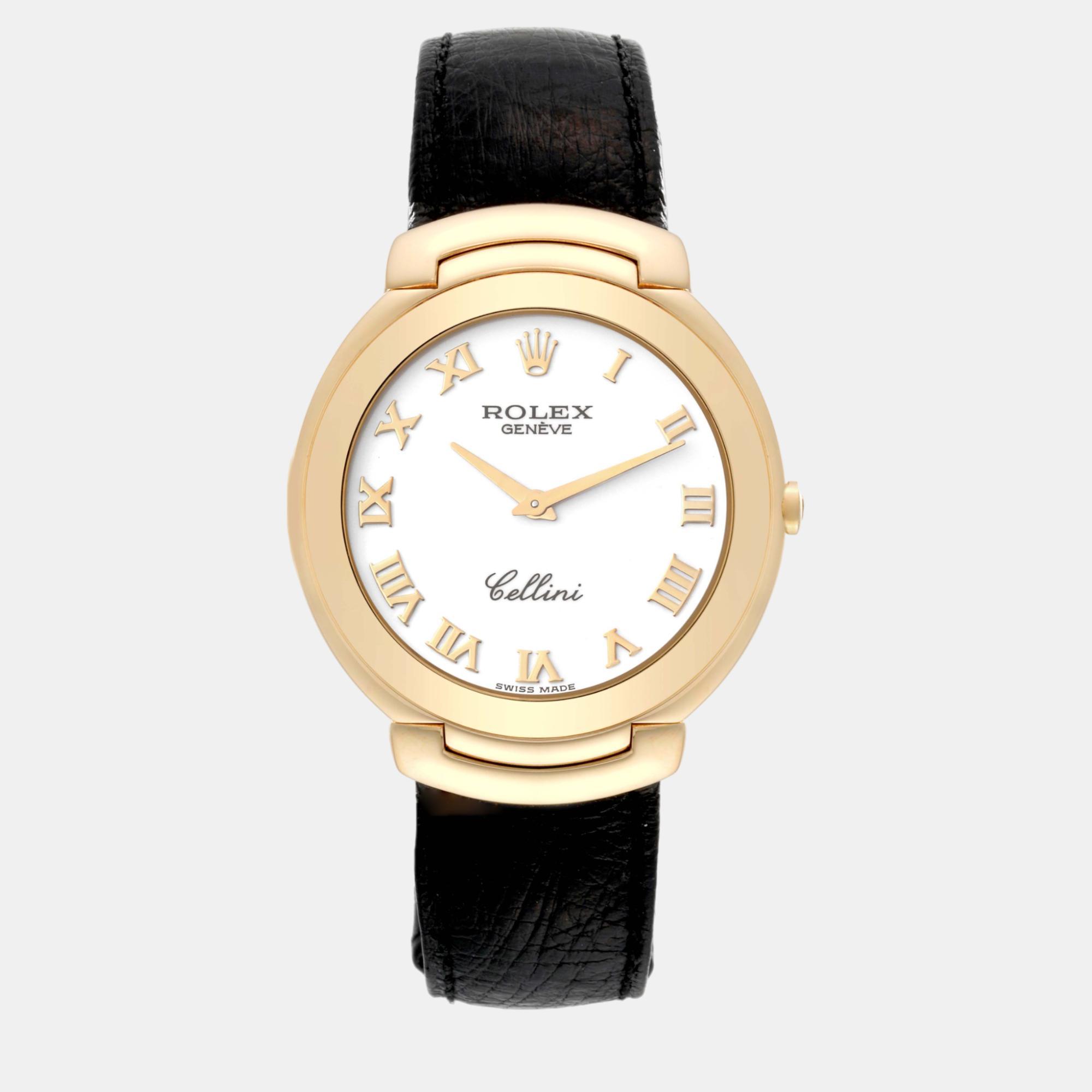 Rolex cellini 18k yellow gold white dial black strap men's watch 37.5 mm