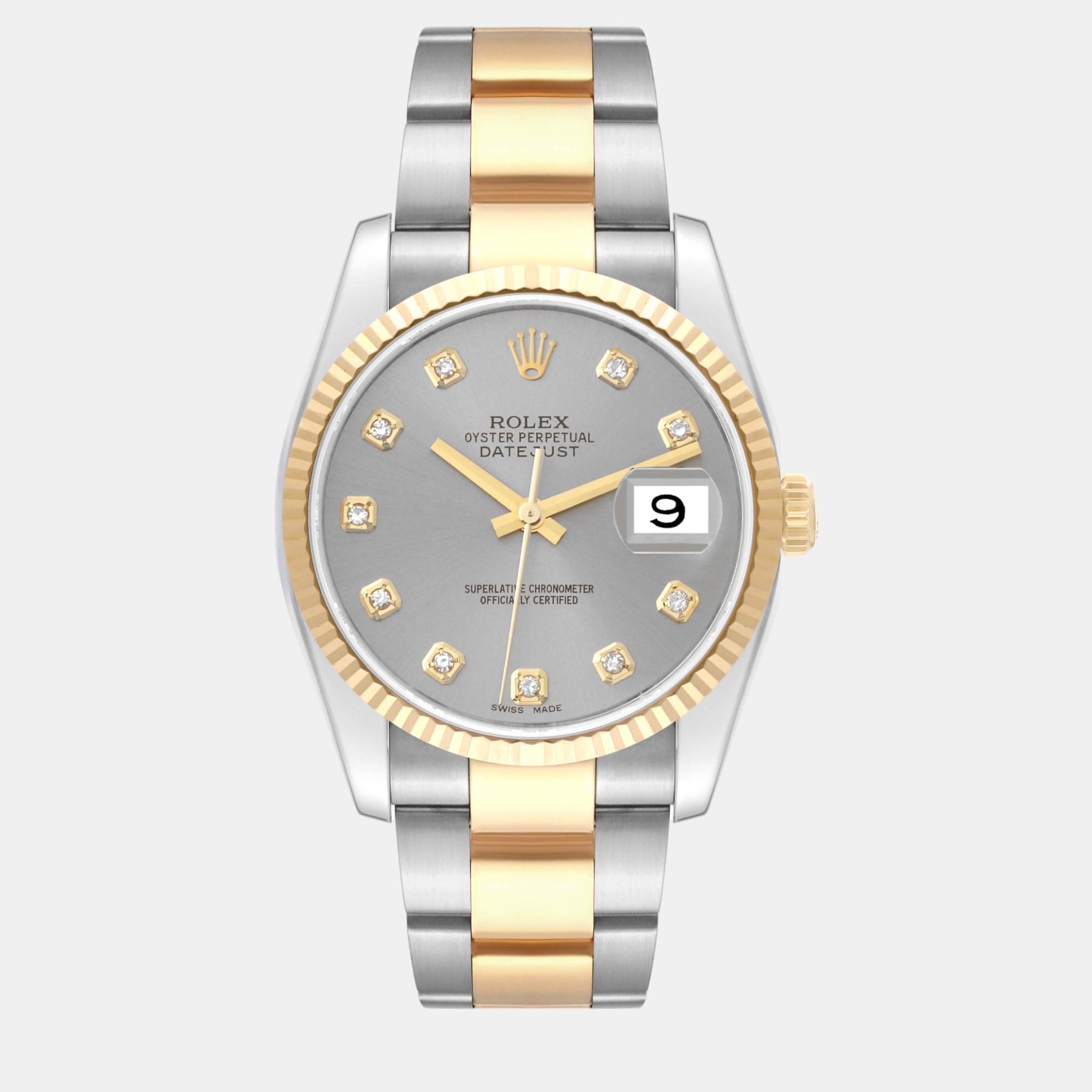 Rolex datejust steel yellow gold diamond dial men's watch 36 mm