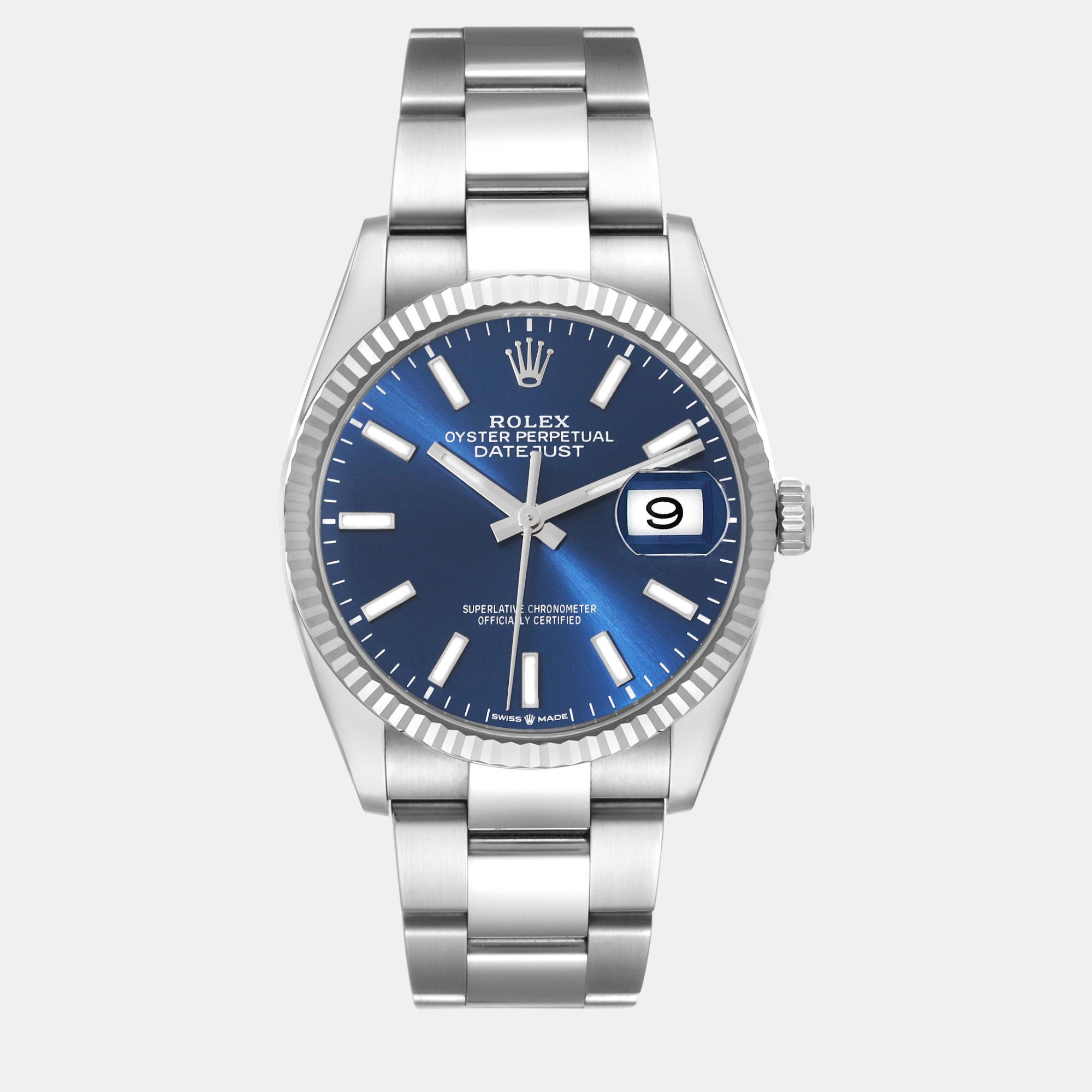 Rolex datejust steel white gold blue dial men's watch 36 mm