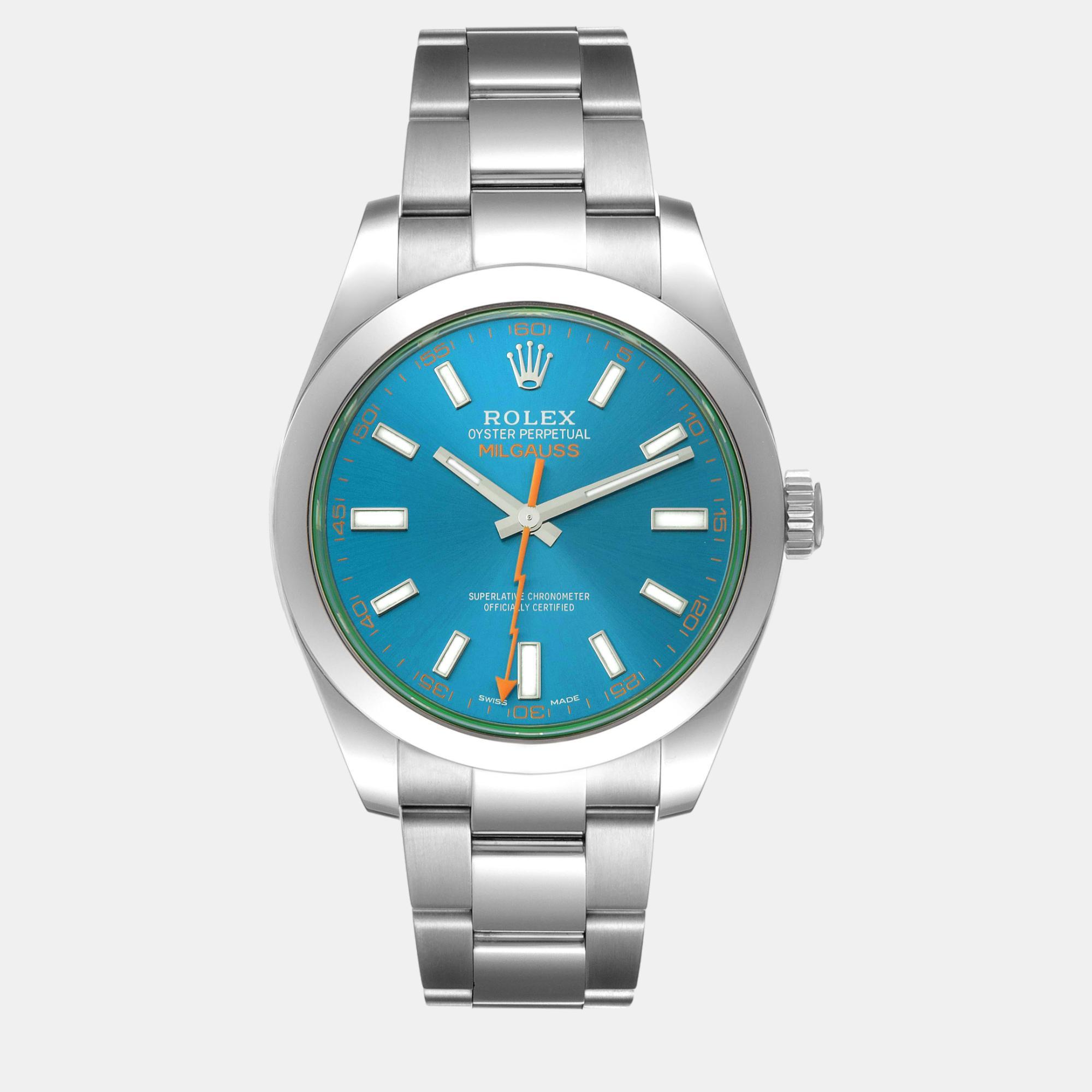 Rolex milgauss blue dial green crystal steel men's watch 40.0 mm